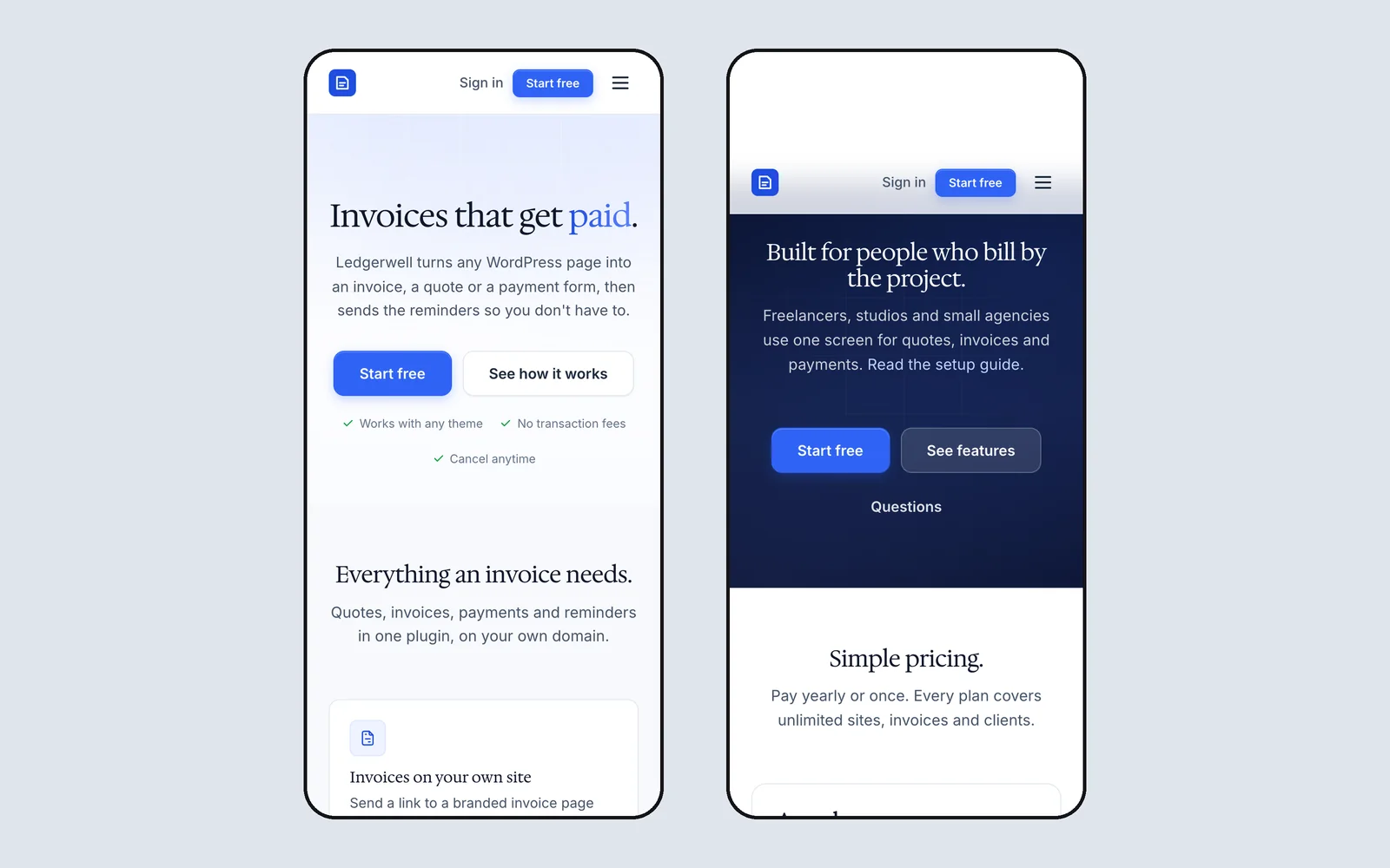 Core Forms demo page at phone width: the hero on one phone and the dark band with pricing on the other.