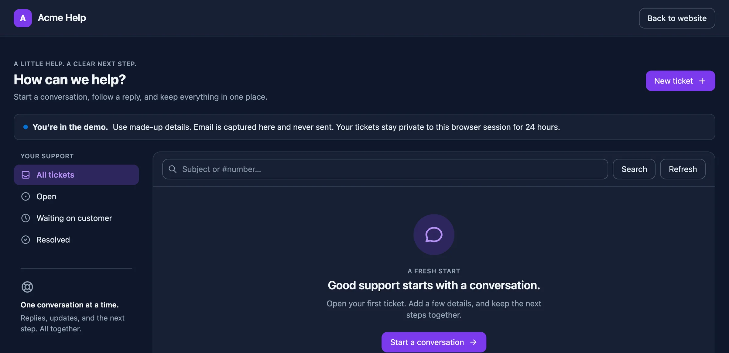 The customer portal branded as Acme Help with a purple accent, slate palette and dark mode