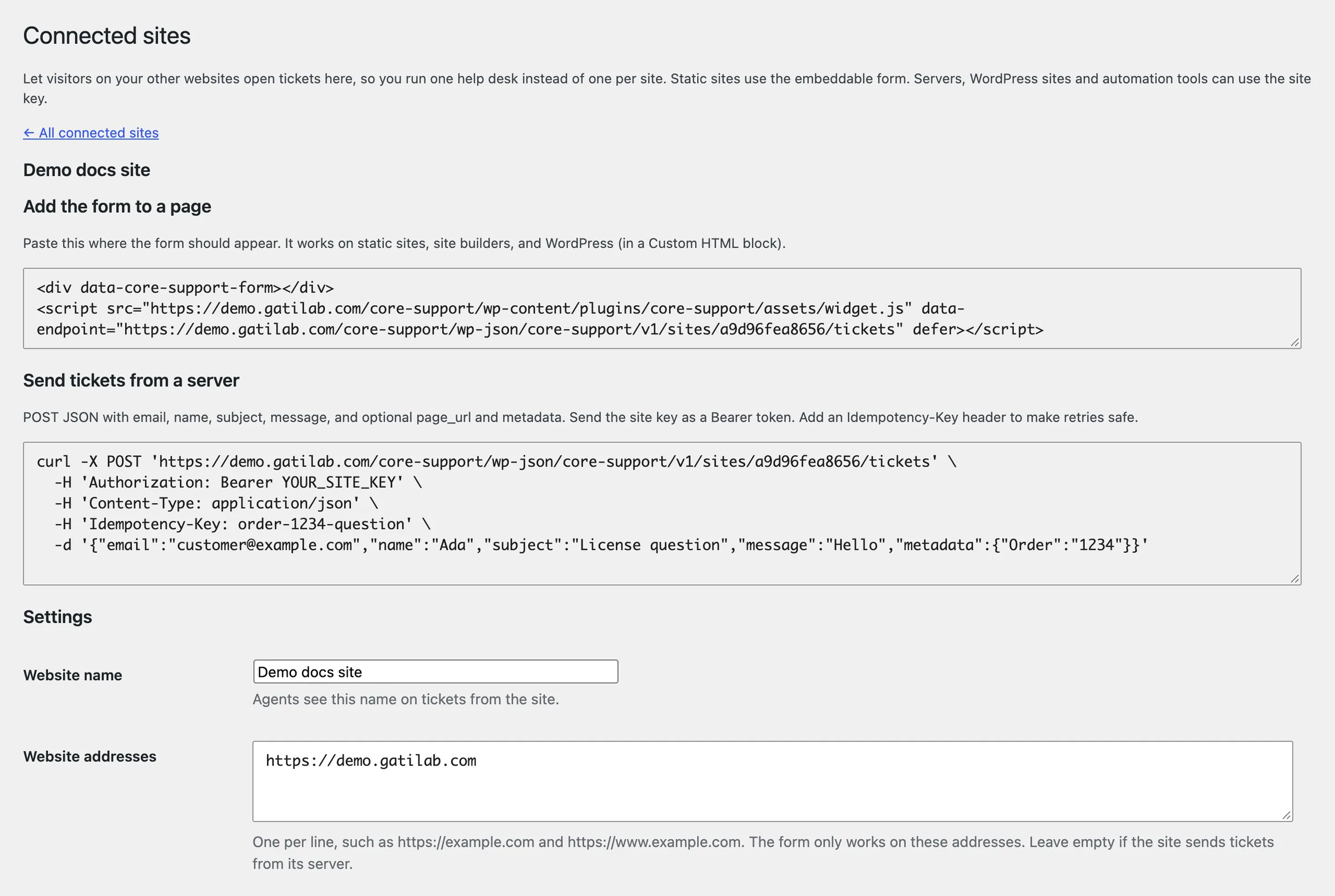 Connected sites screen with an embed snippet, a server request example and allowed website addresses