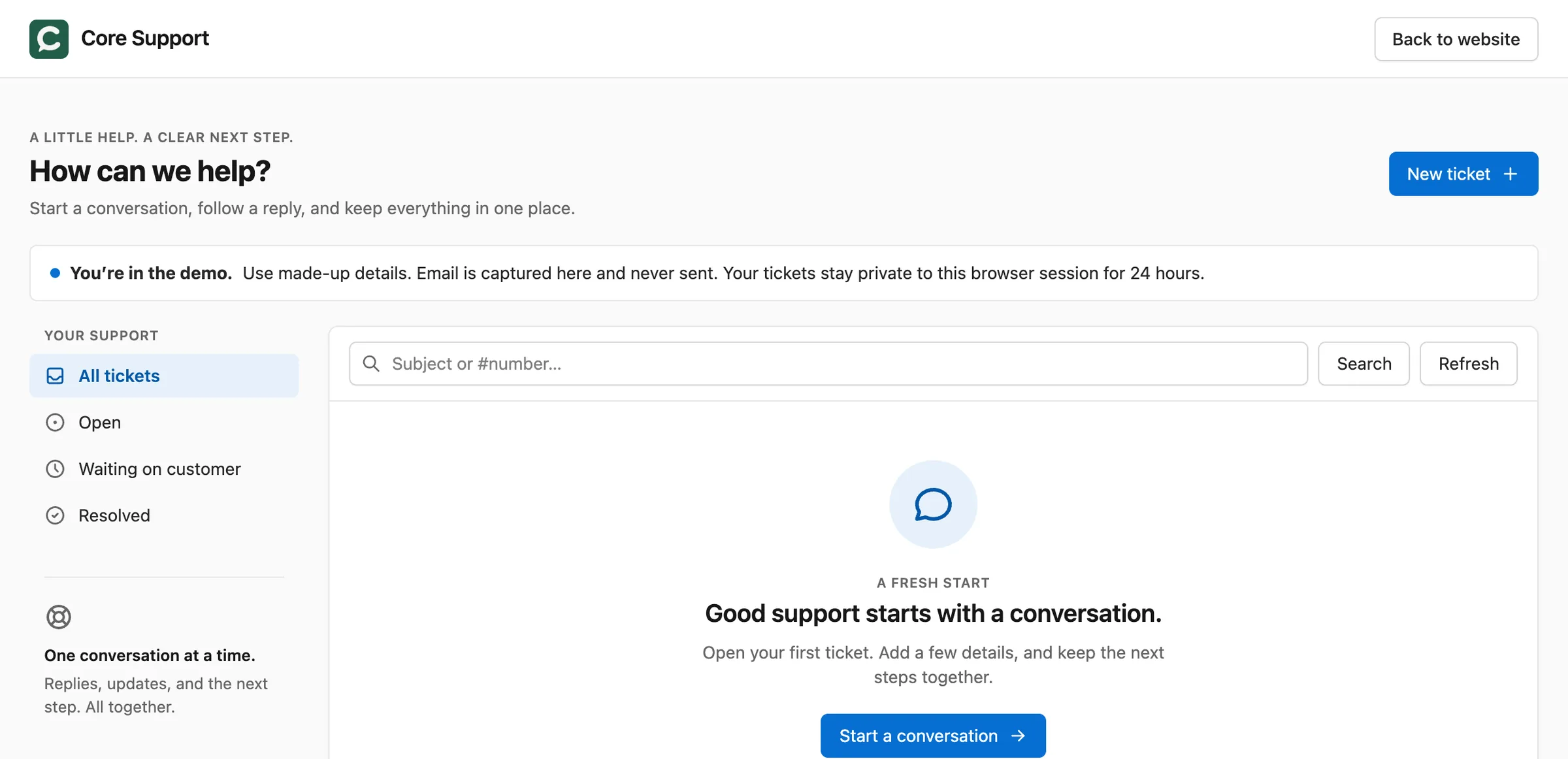 Customer support portal with ticket filters, search and a button to start a conversation