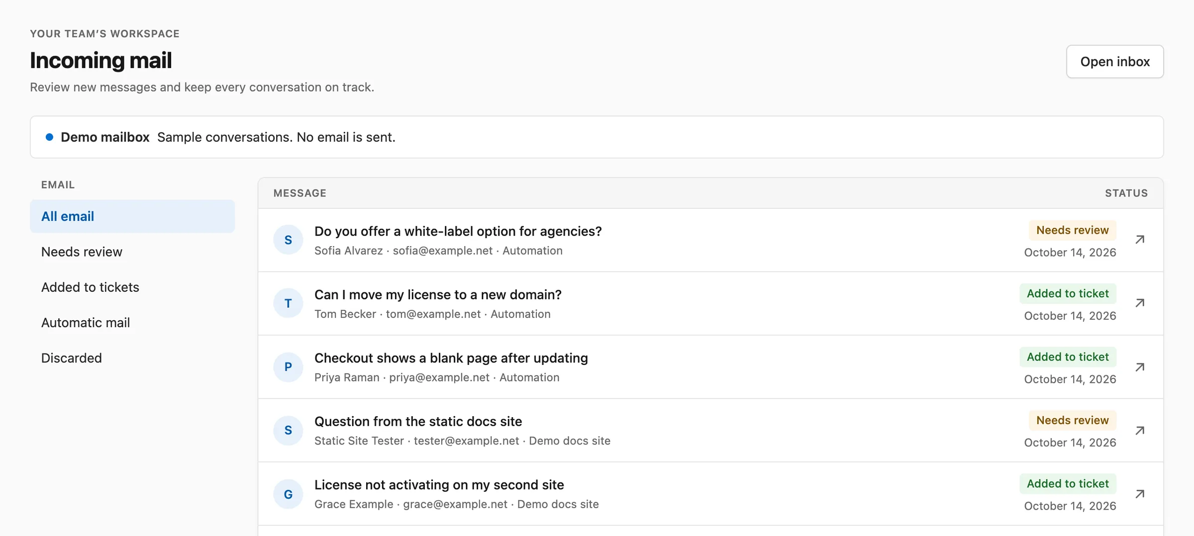 Incoming mail list with messages from automation tools and a connected website, each with a review status