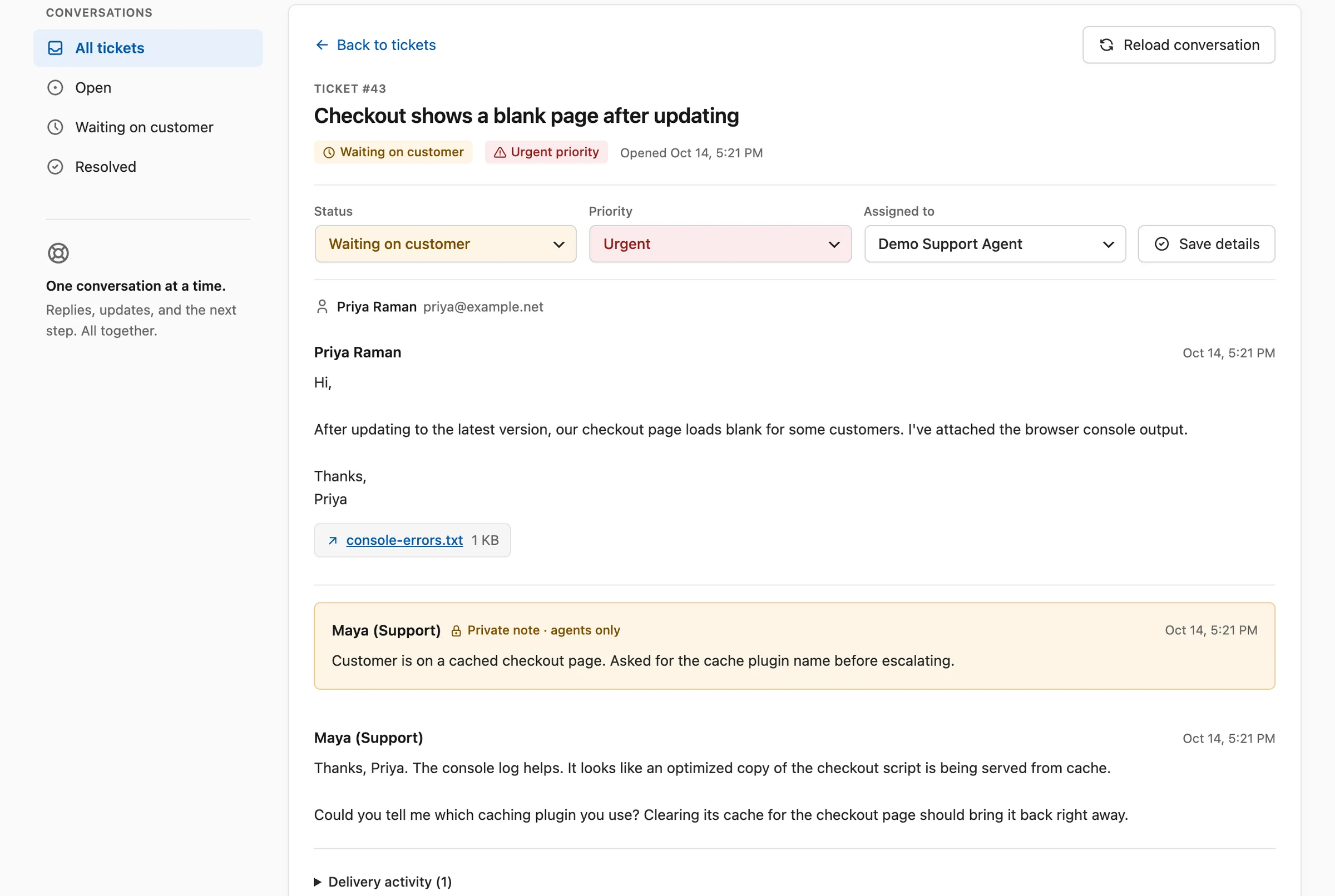 A ticket with a customer email, an attached console log, a private agent note and a public reply
