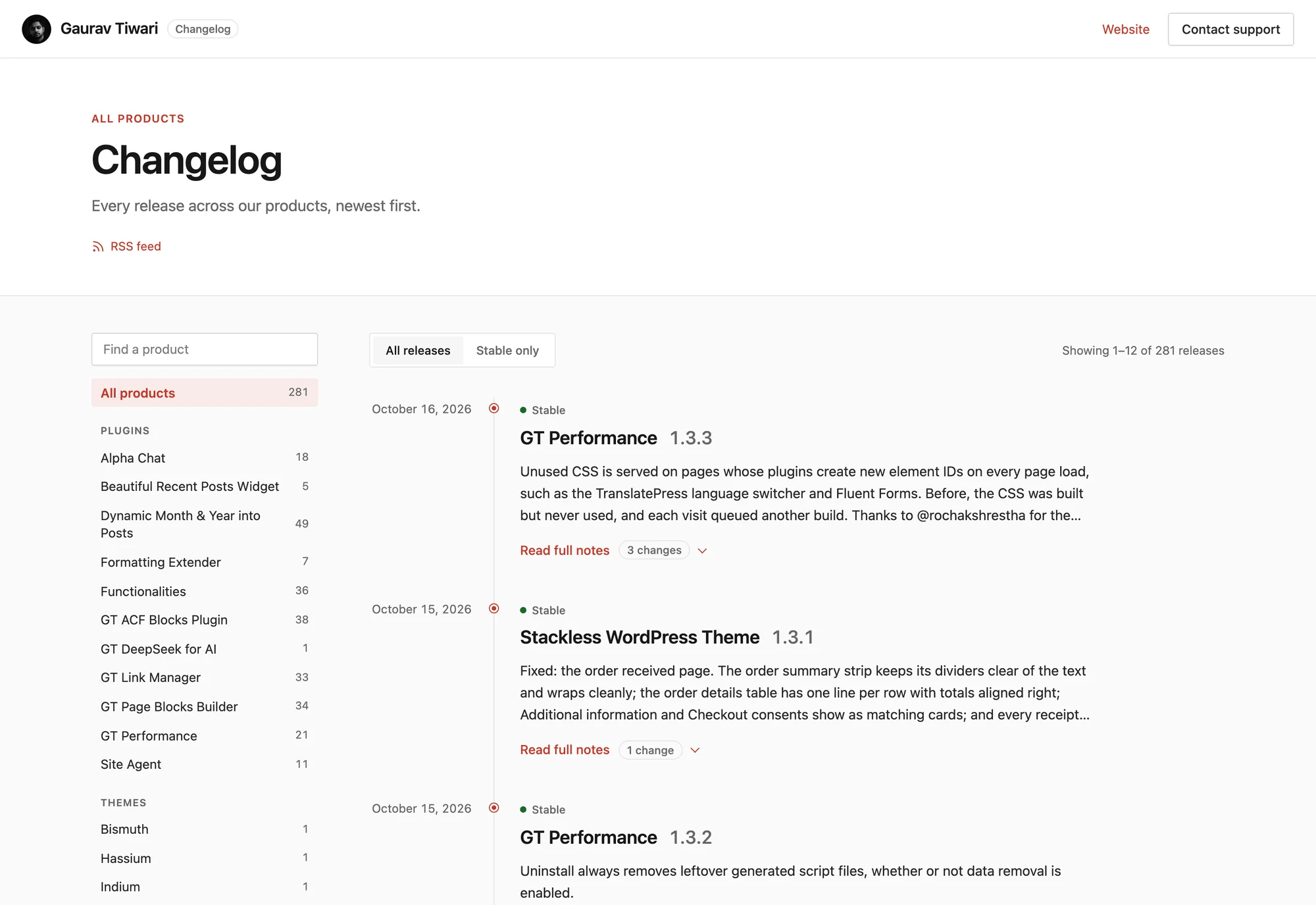 The changelog page on gauravtiwari.org with a product list, an All releases and Stable only switch, and releases with dates and version numbers