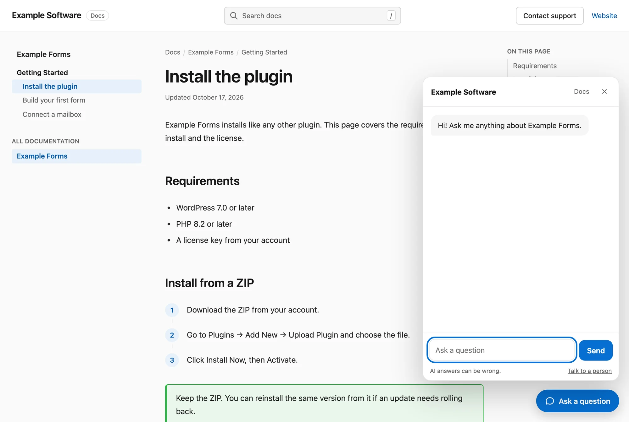 Chat open on a docs page, with Talk to a person under the message box