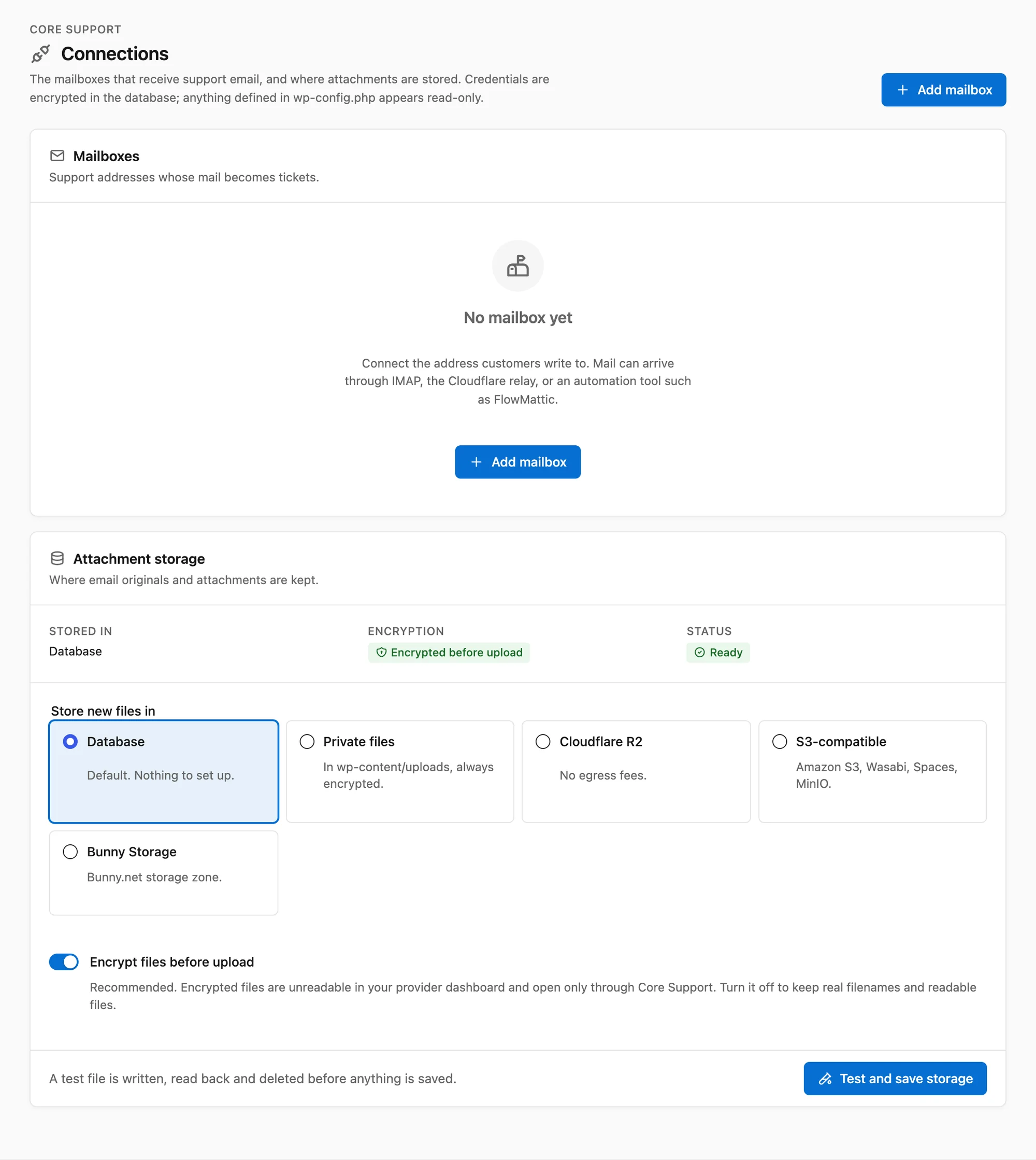 The Connections screen with a Mailboxes card and an Attachment storage card offering Database, Private files, Cloudflare R2, S3-compatible and Bunny Storage