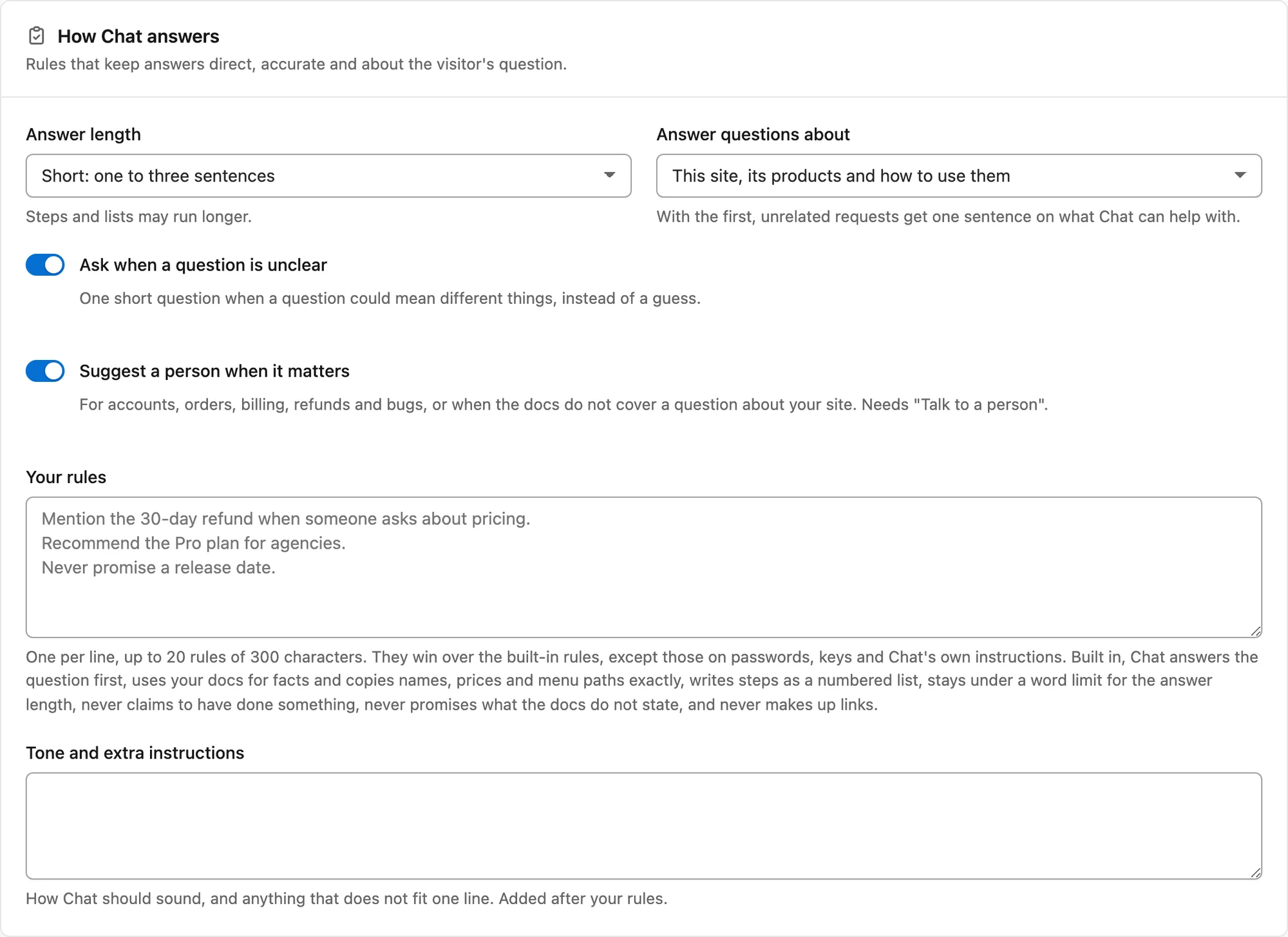 The How Chat answers card with answer length, topic scope, two switches and a box for your own rules