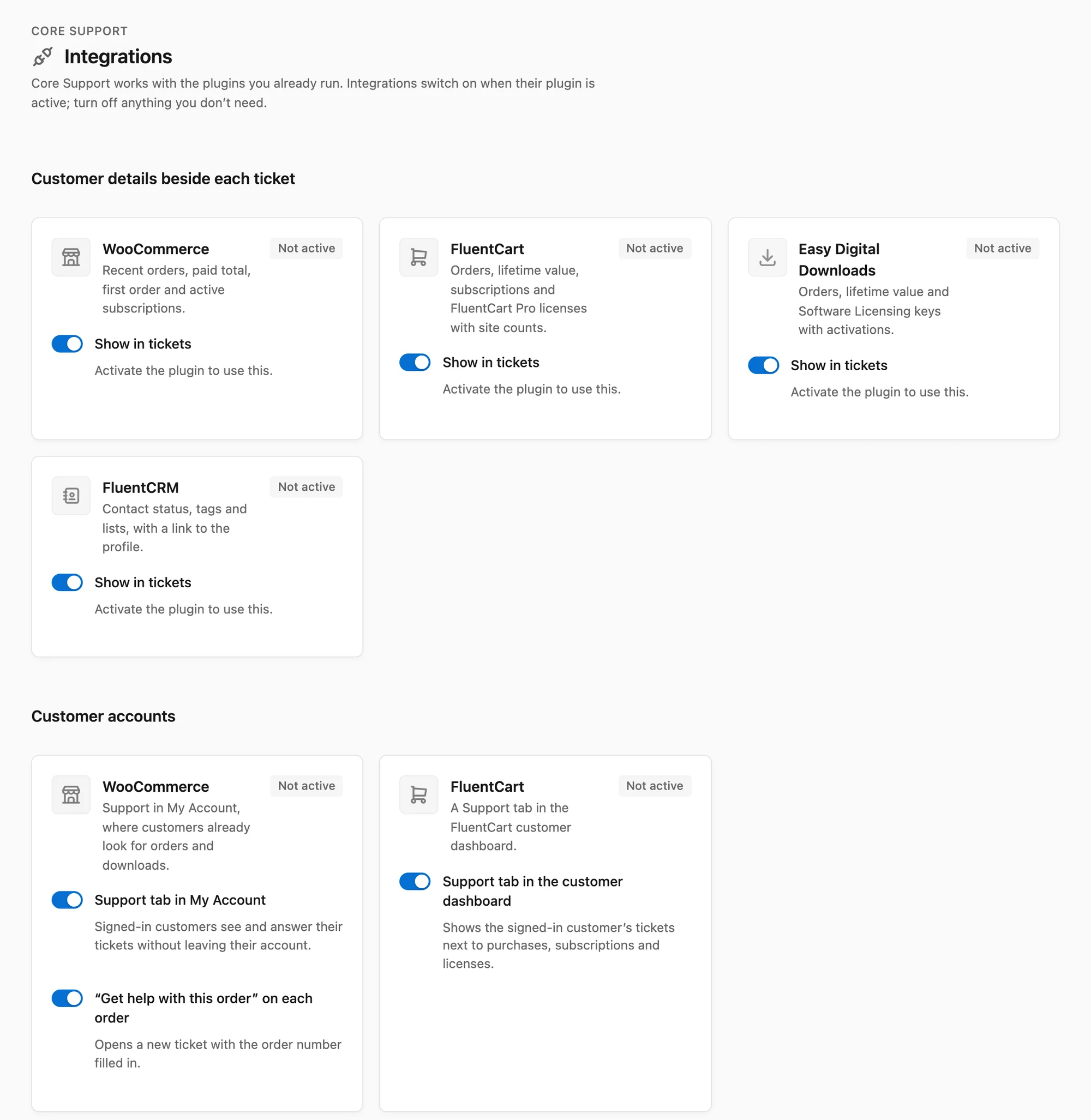 The Integrations screen with cards for WooCommerce, FluentCart, Easy Digital Downloads and FluentCRM