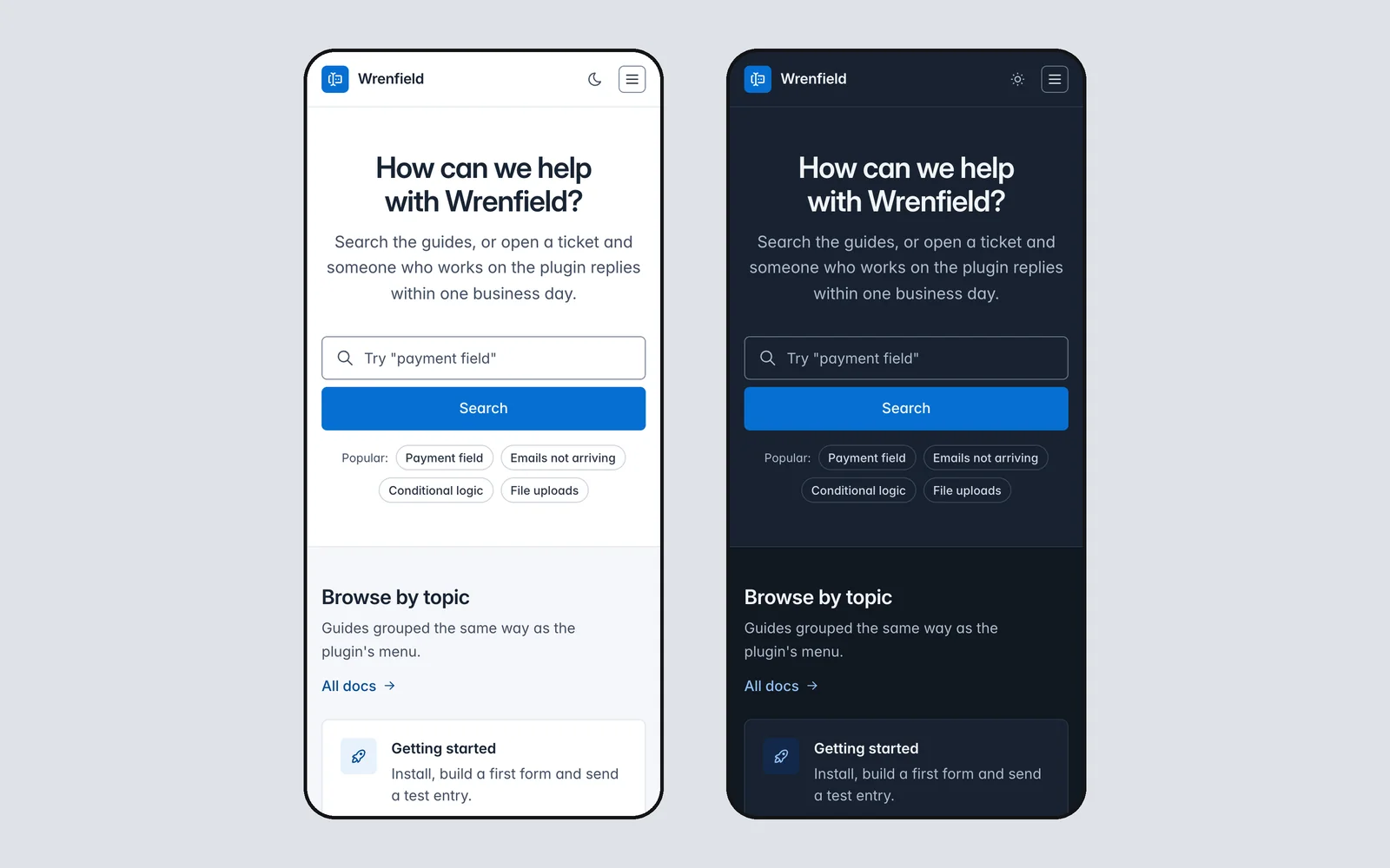 Core Support help center demo at phone width, shown side by side in light and dark mode.