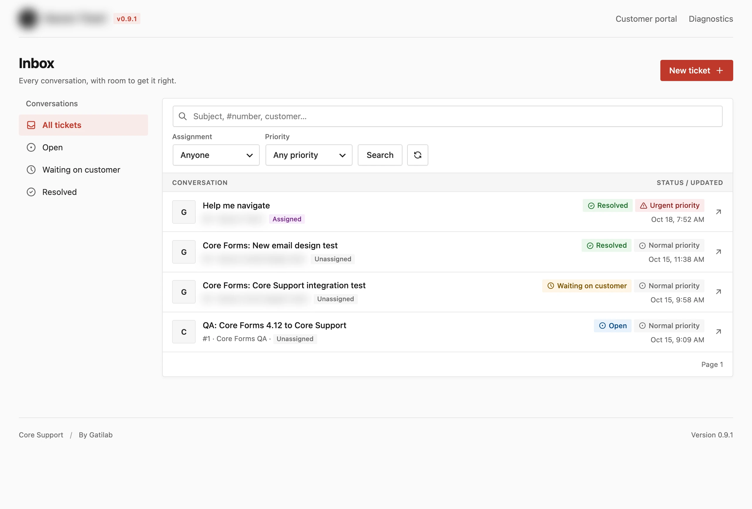 Core Support agent workspace showing a list of support tickets