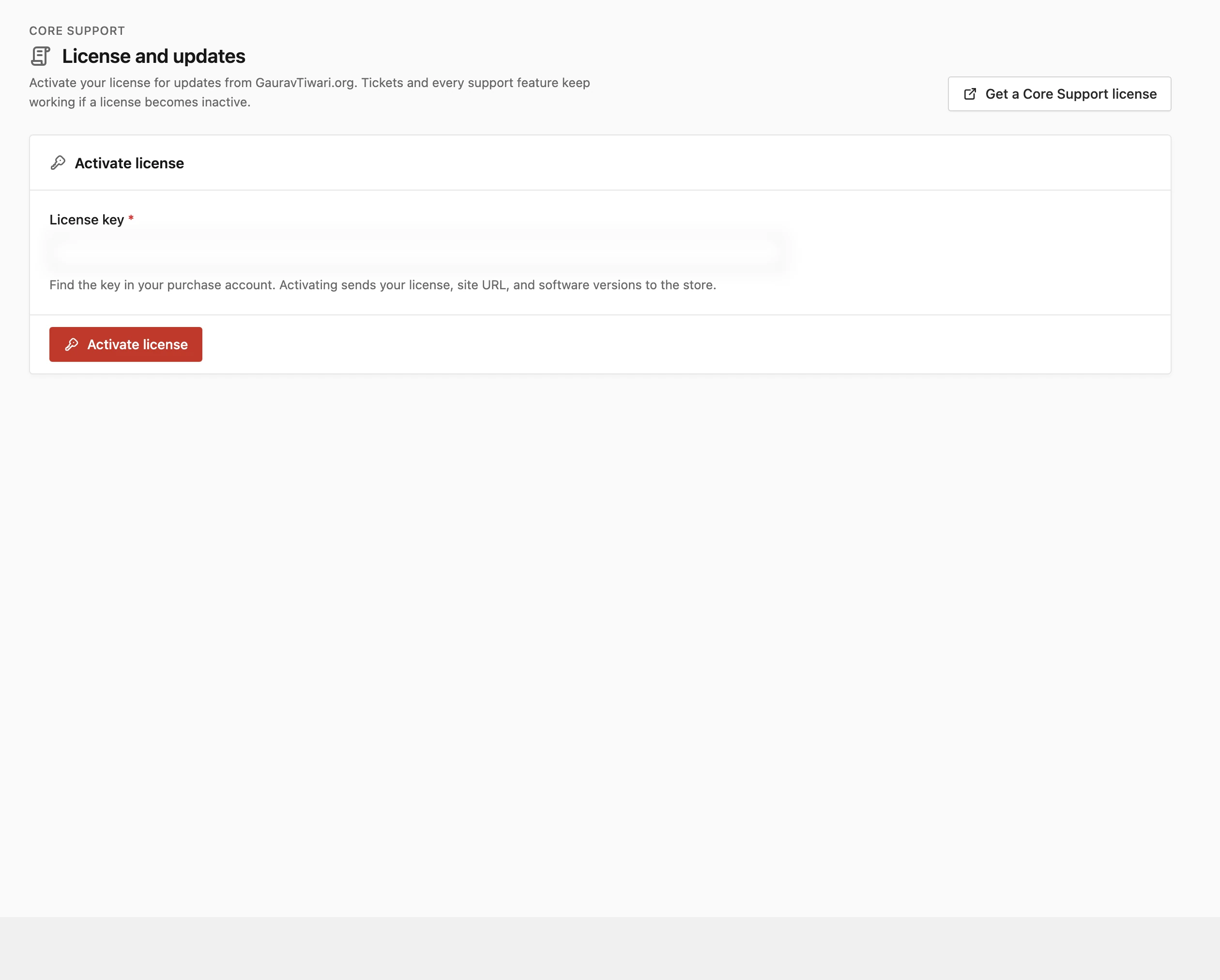 Core Support License and updates screen with the license key field