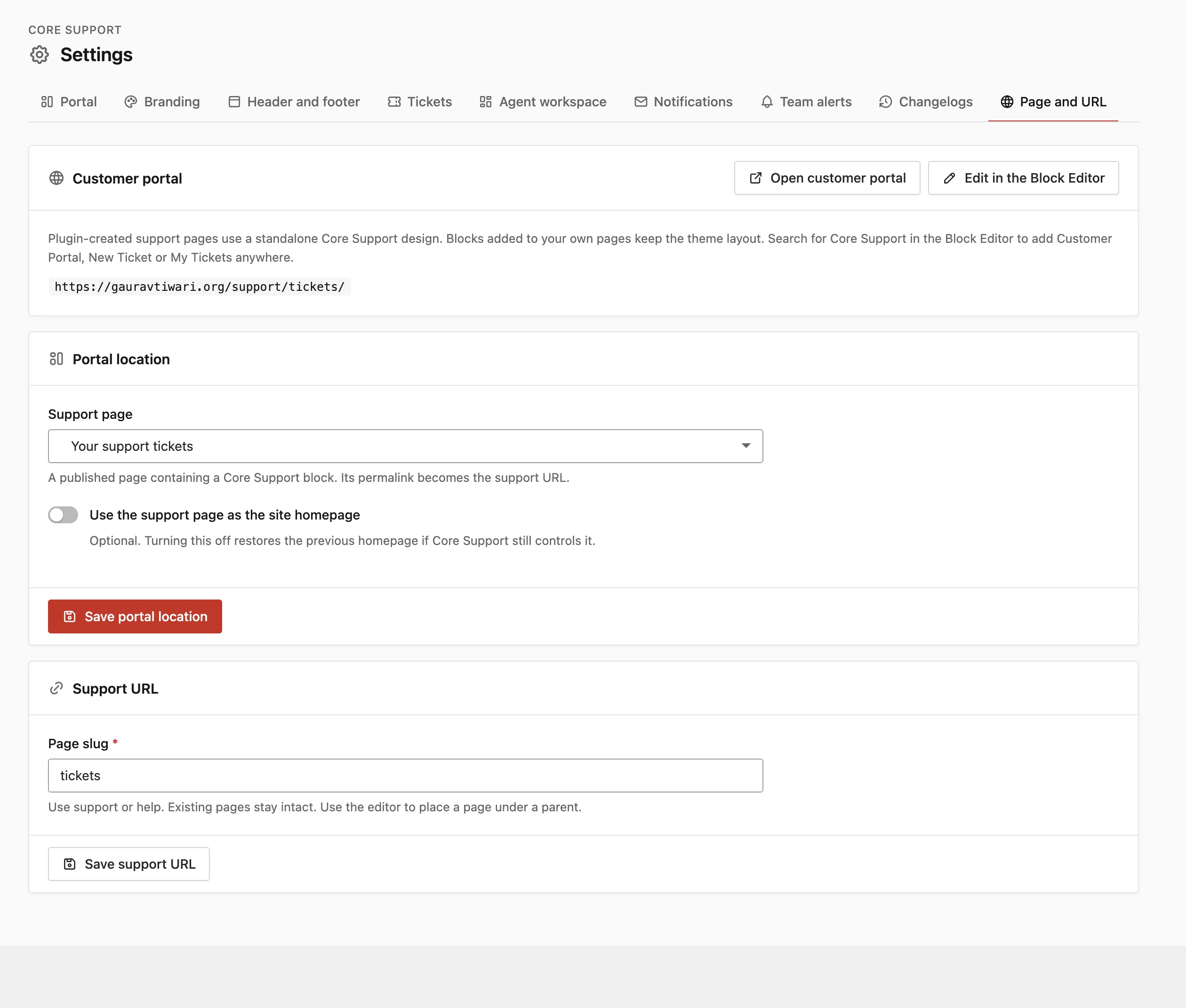 Core Support Page and URL settings with the support page selector and page slug field