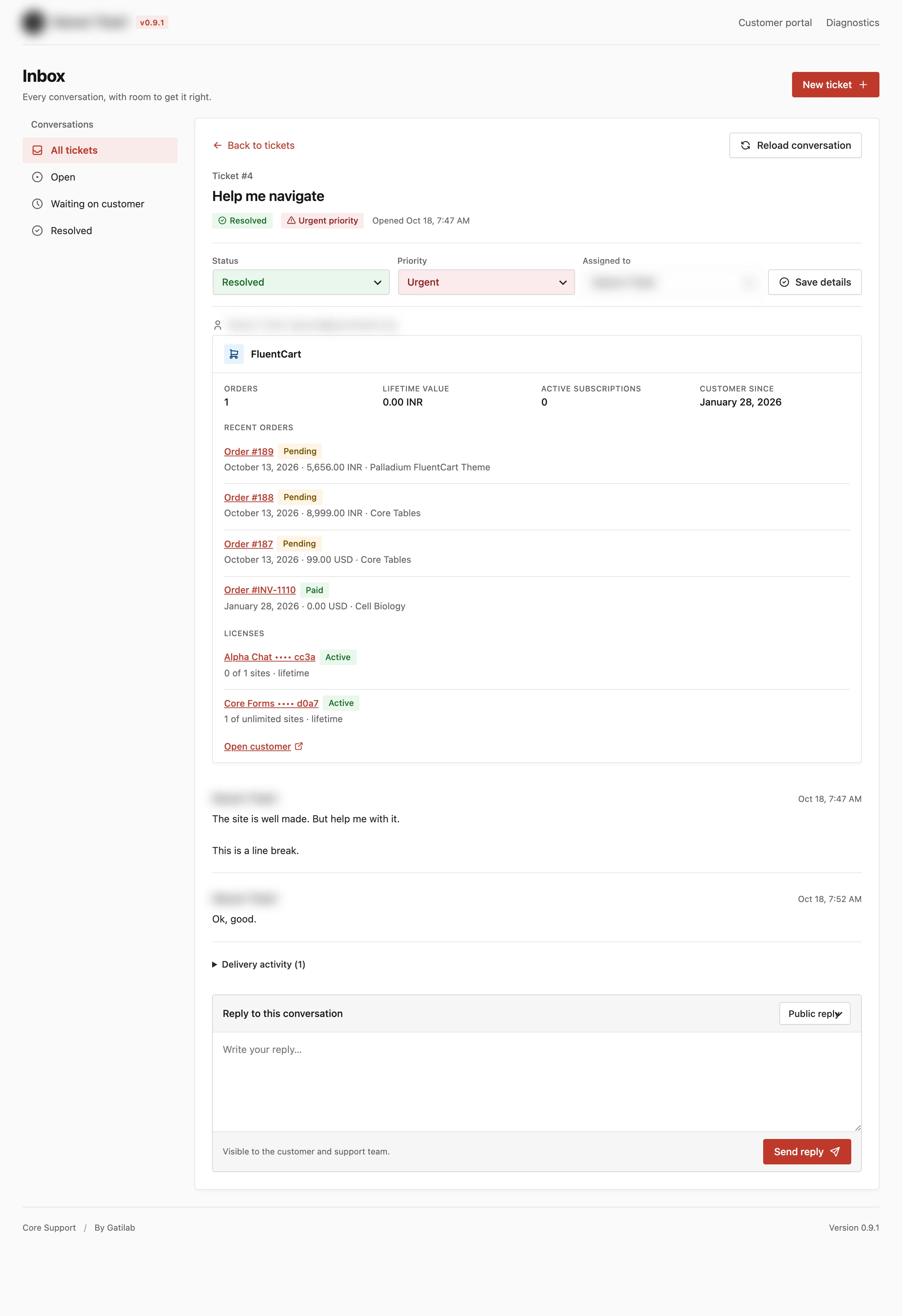 An open Core Support ticket with status, priority and assignment controls and the customer panel