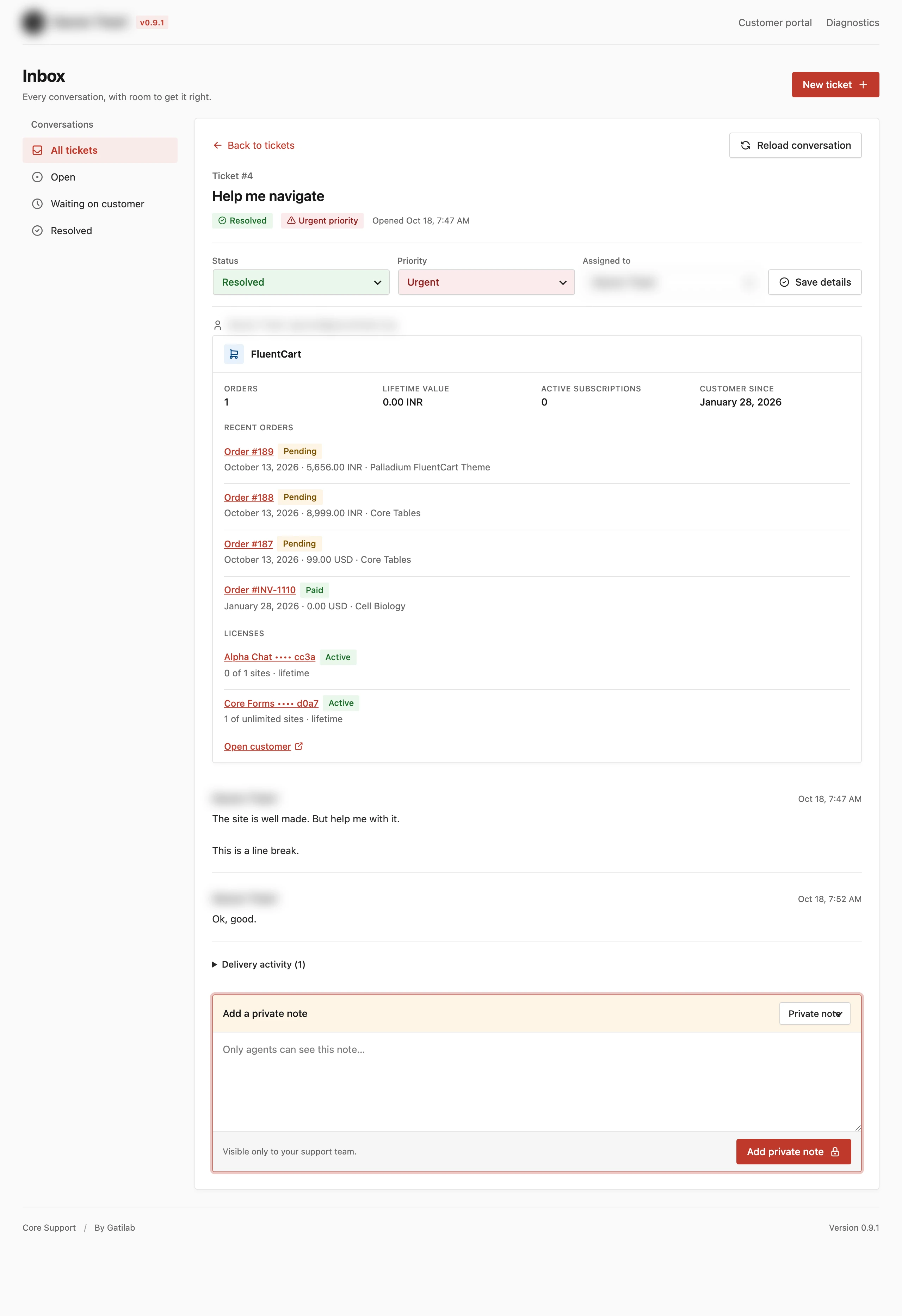 Core Support composer in private note mode below a conversation