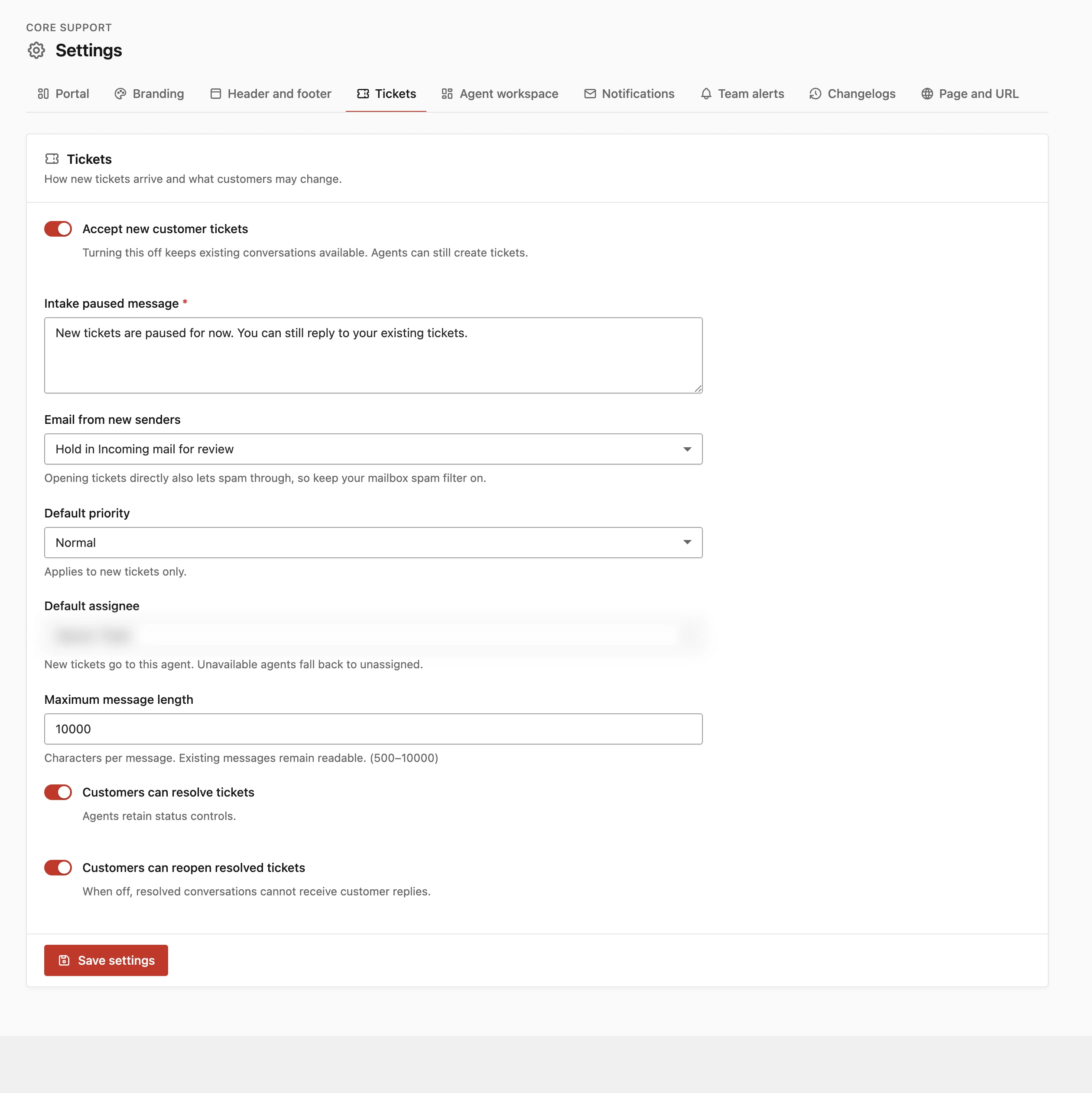 Core Support Tickets settings tab