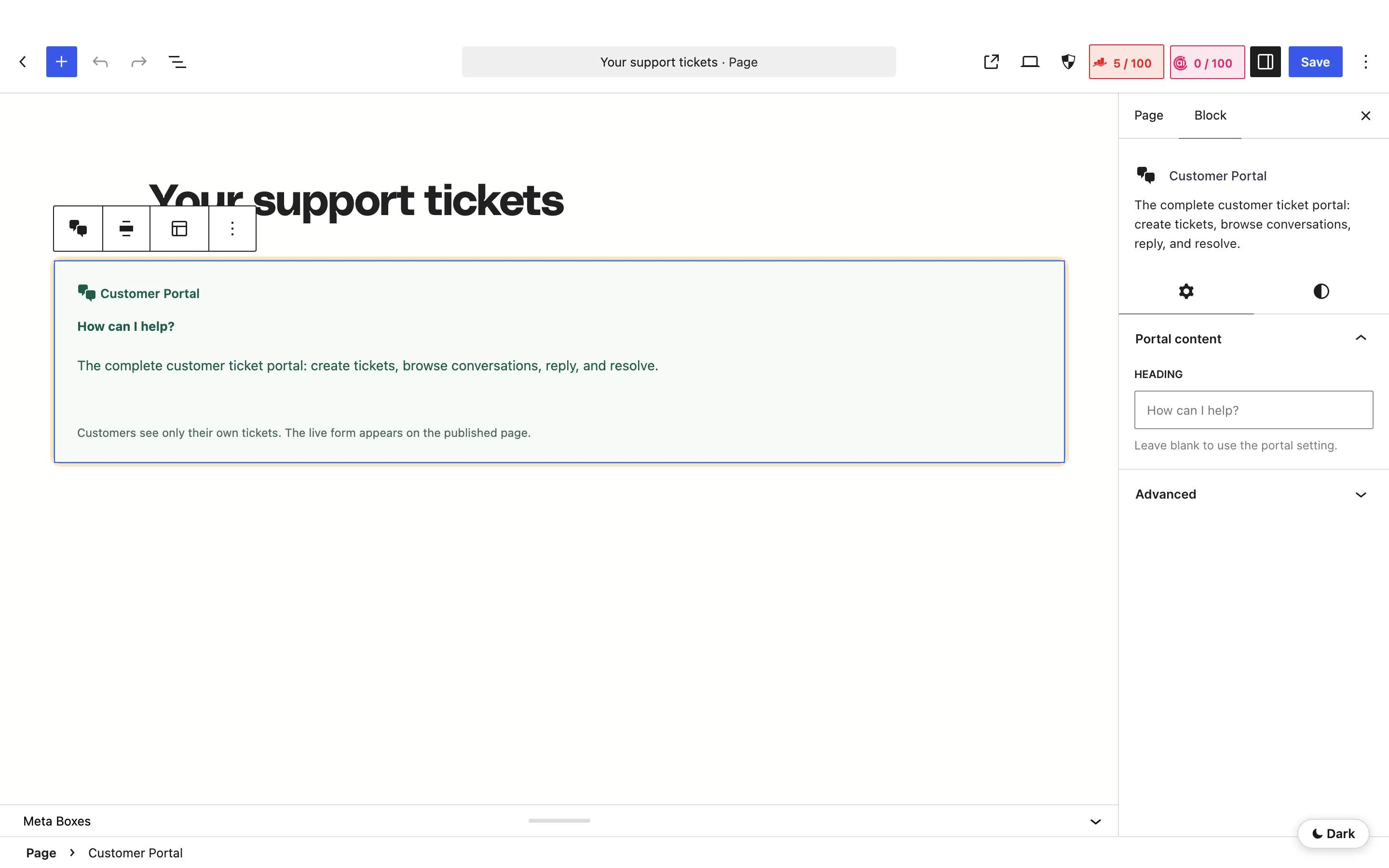 Customer Portal block in the WordPress Block Editor with the Heading field