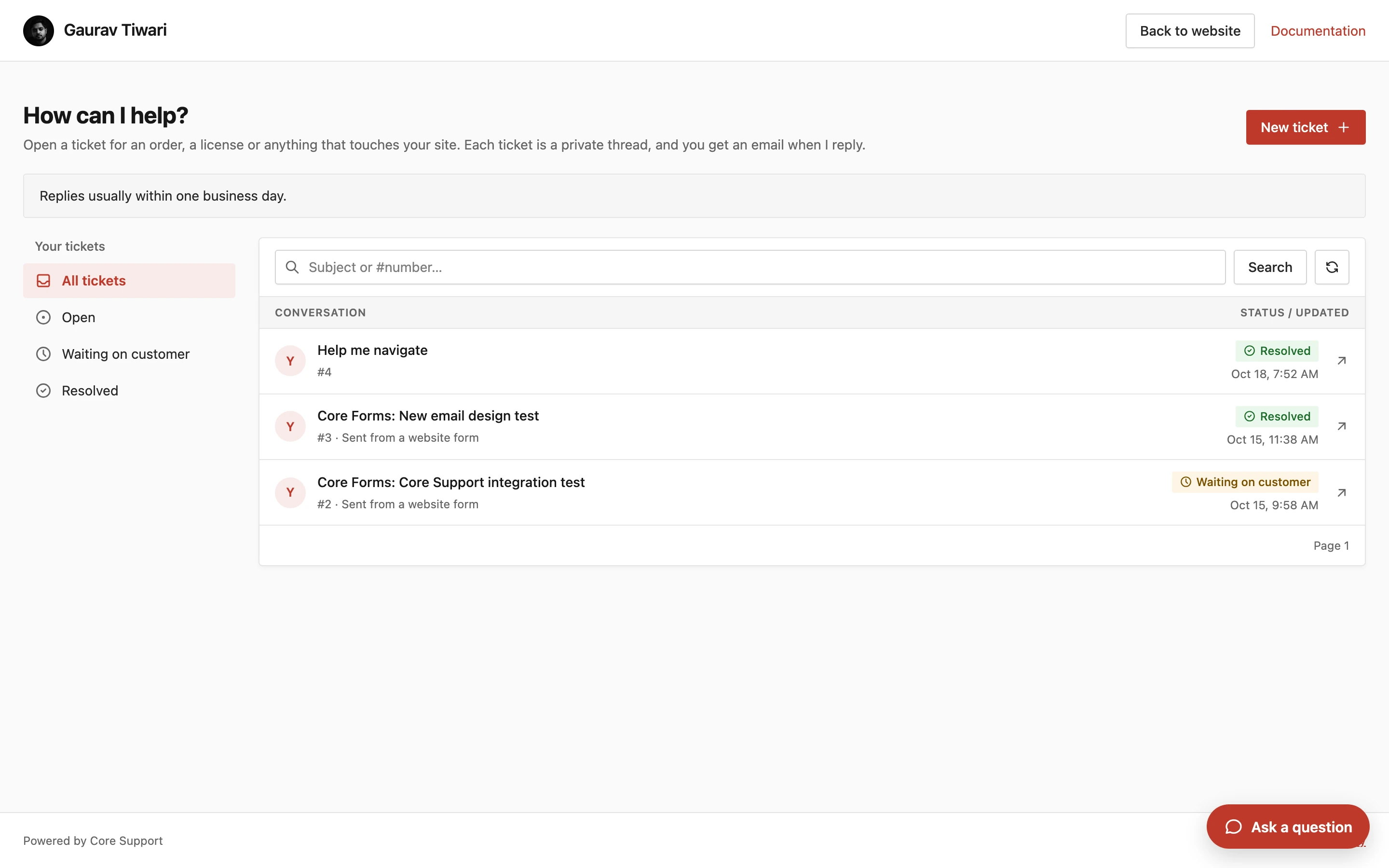 Core Support customer portal showing a customer's ticket list