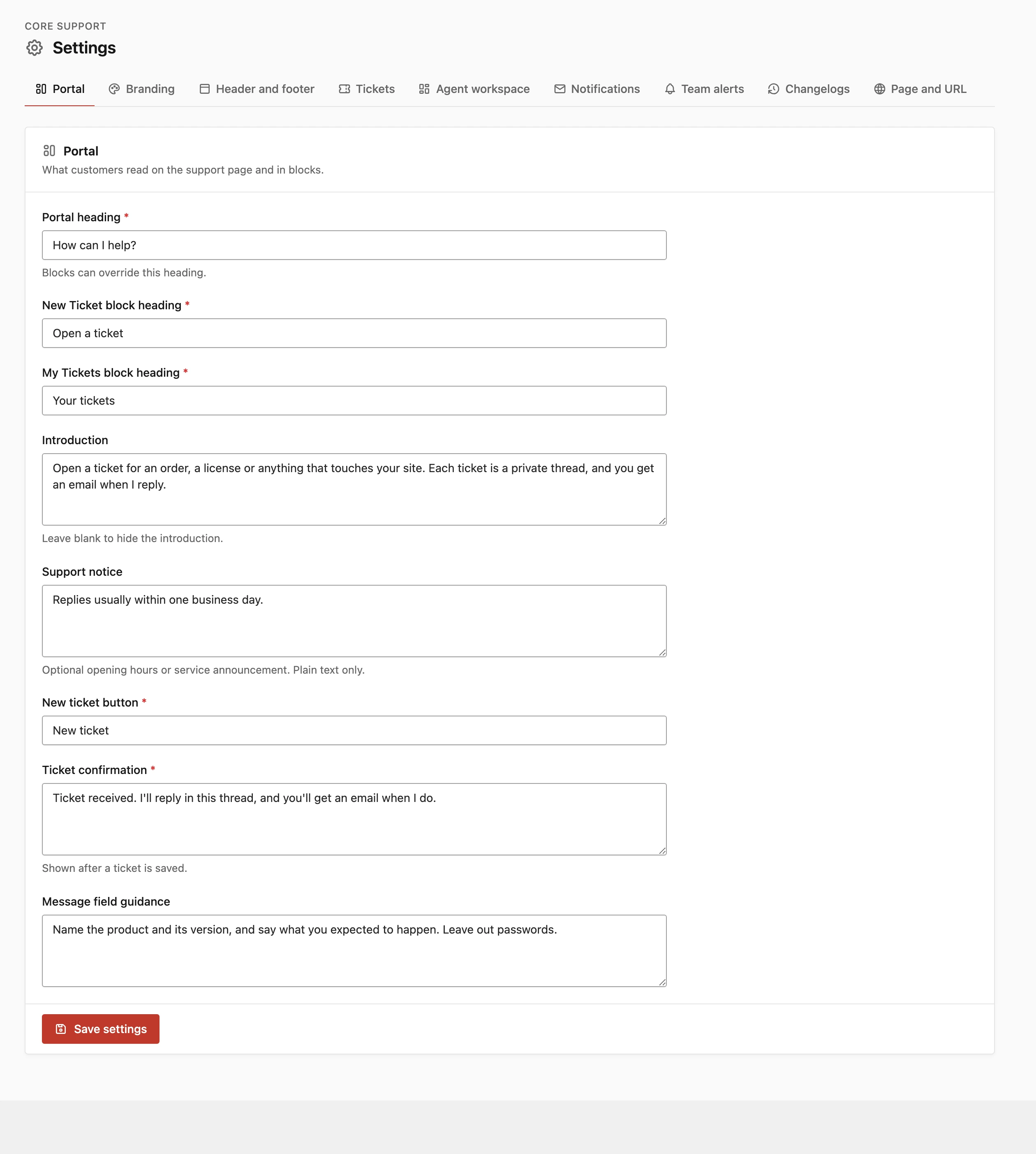 Core Support Portal settings with headings, introduction and support notice fields