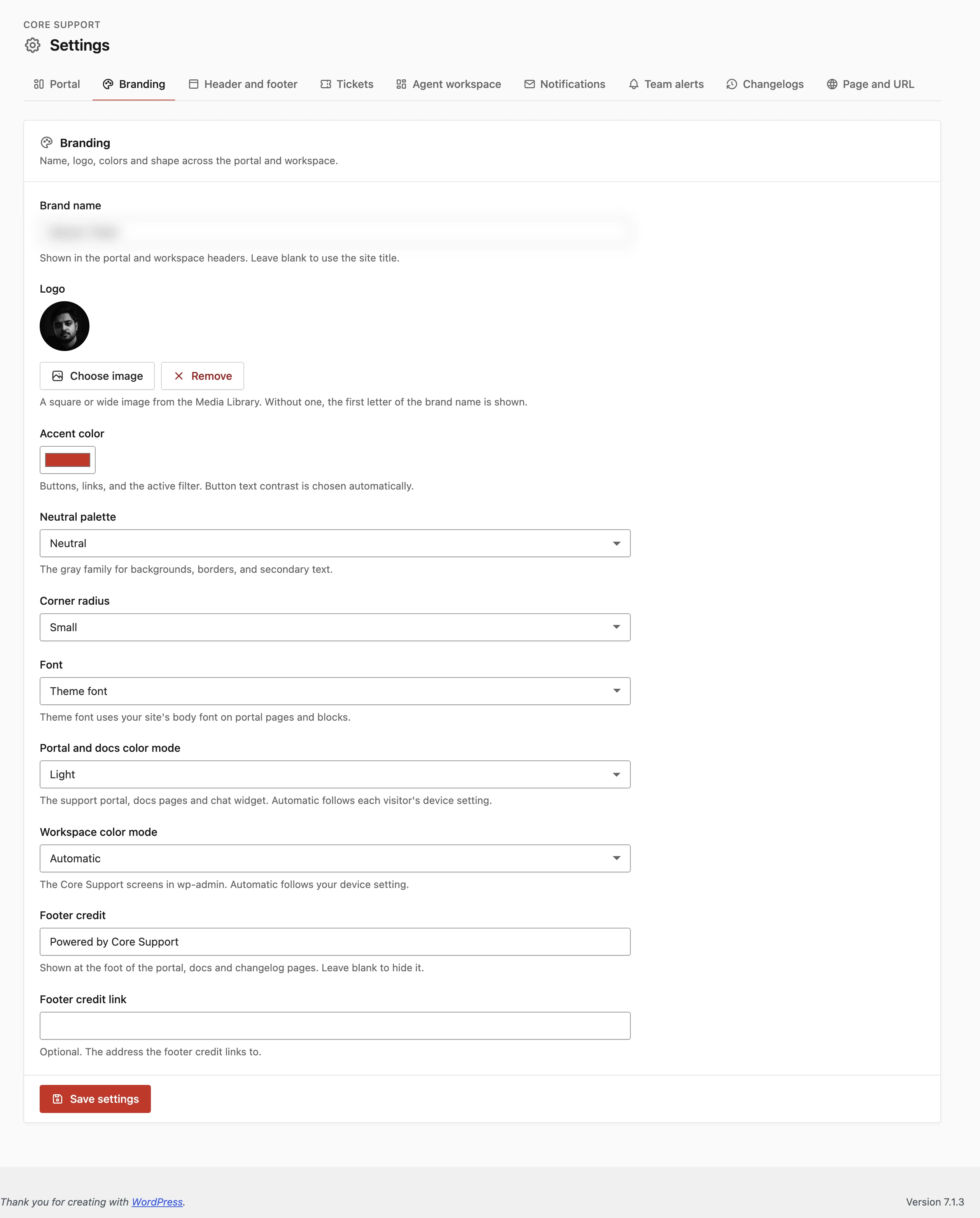 Core Support Branding settings with logo, accent color, palette and color mode