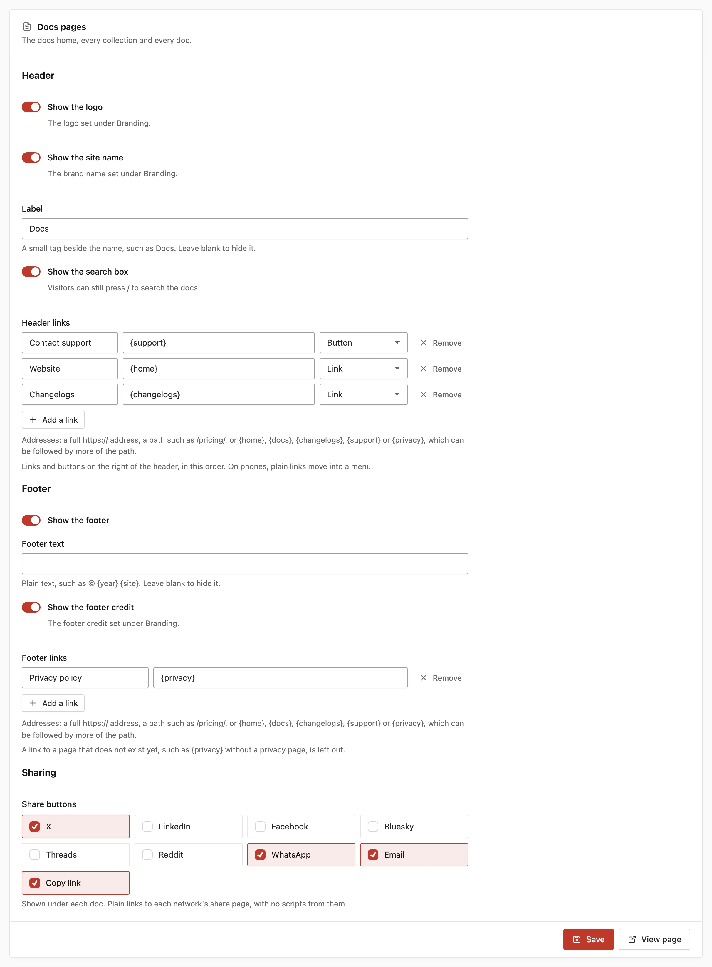 Core Support Header and footer settings for docs pages