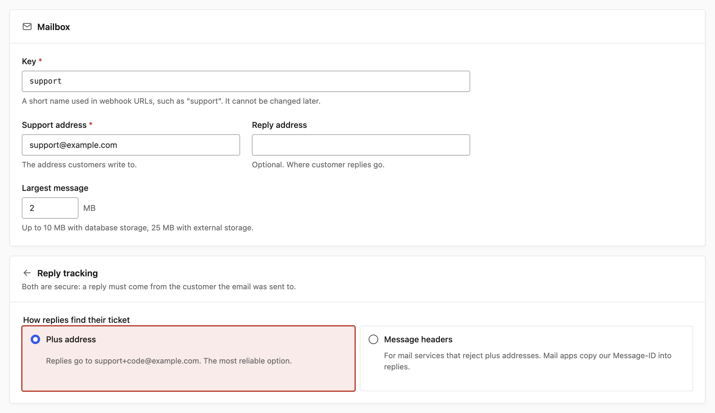 Core Support Add mailbox form with key, support address and plus-address reply tracking