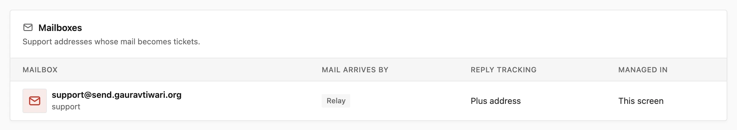 Core Support Connections screen listing a relay mailbox