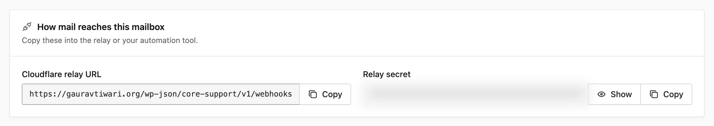 Core Support mailbox page showing the Cloudflare relay URL and a hidden relay secret