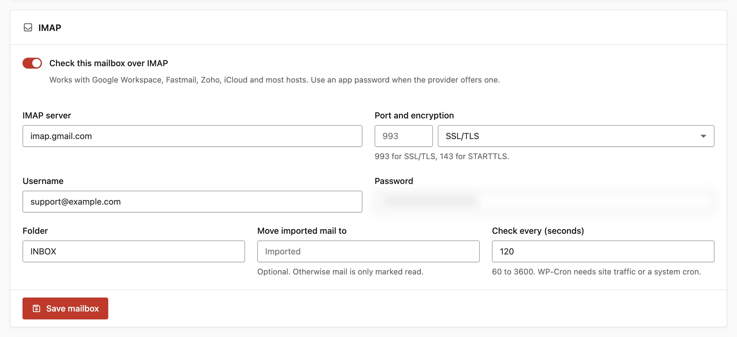 Core Support IMAP settings for a mailbox