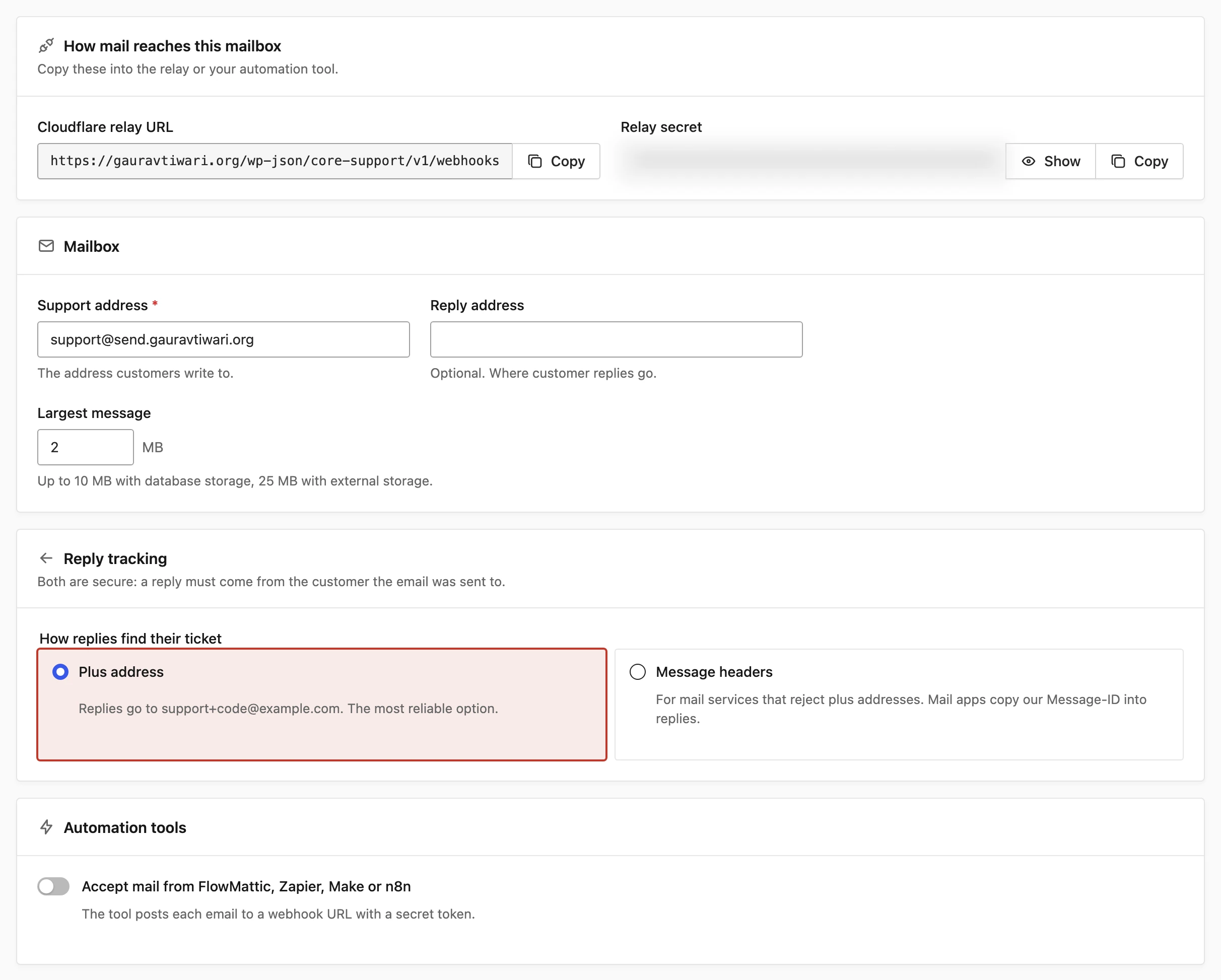 Core Support mailbox page with the relay details and the Automation tools switch