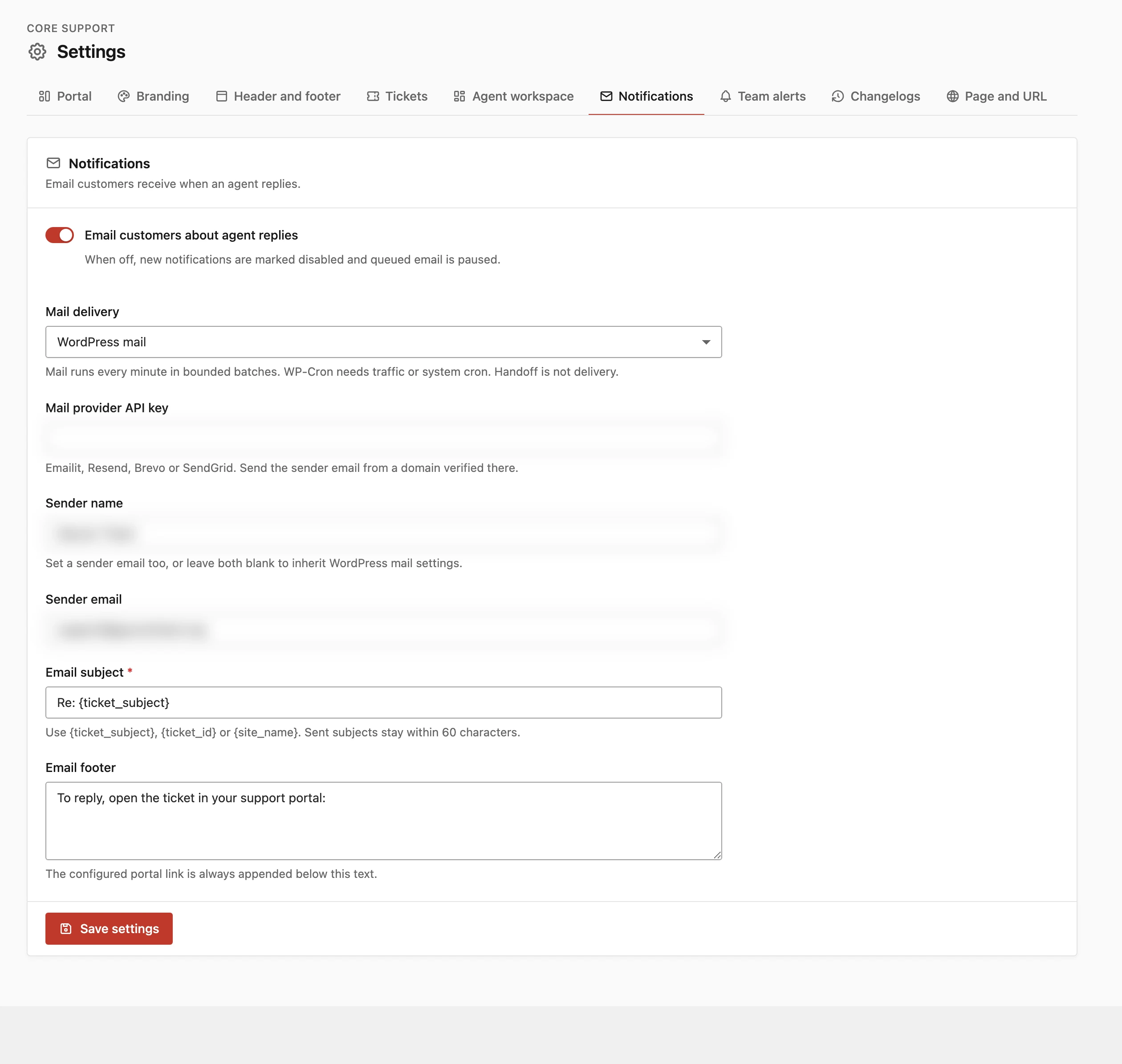 Core Support notification and mail delivery settings