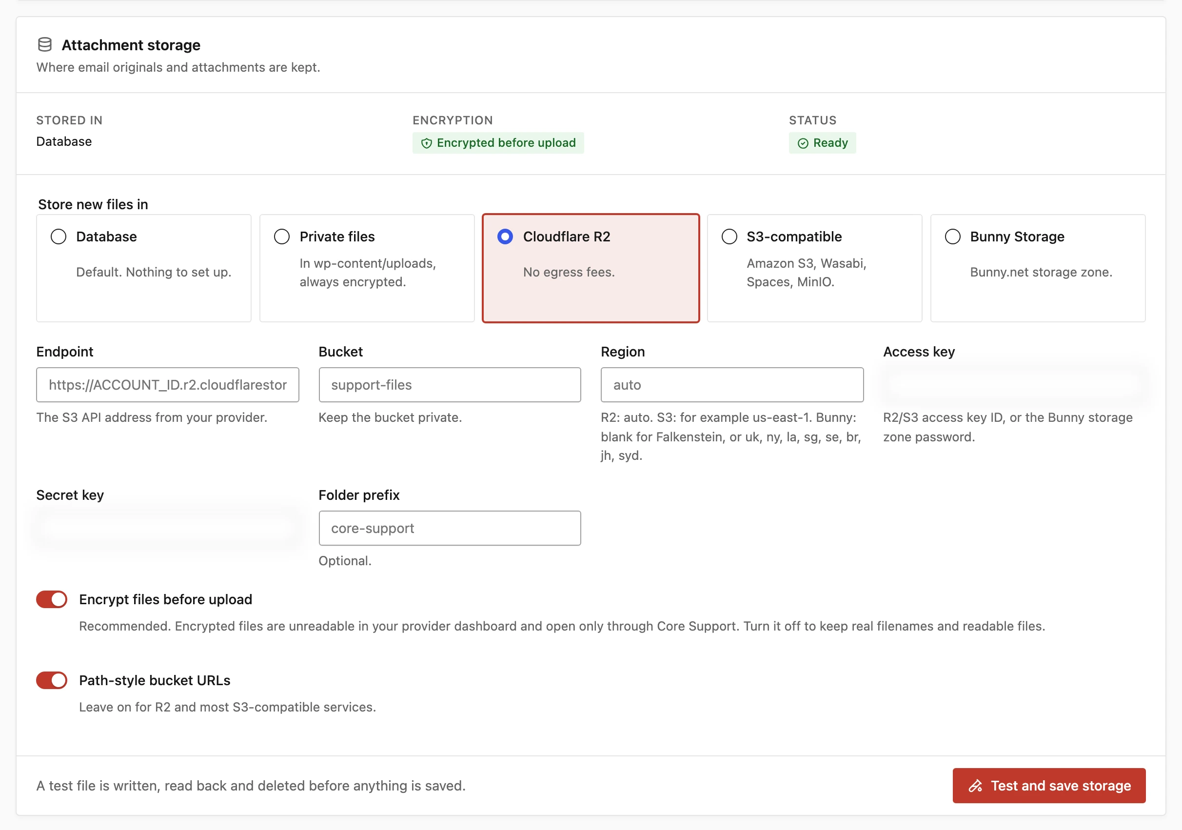 Core Support attachment storage settings with Cloudflare R2 selected