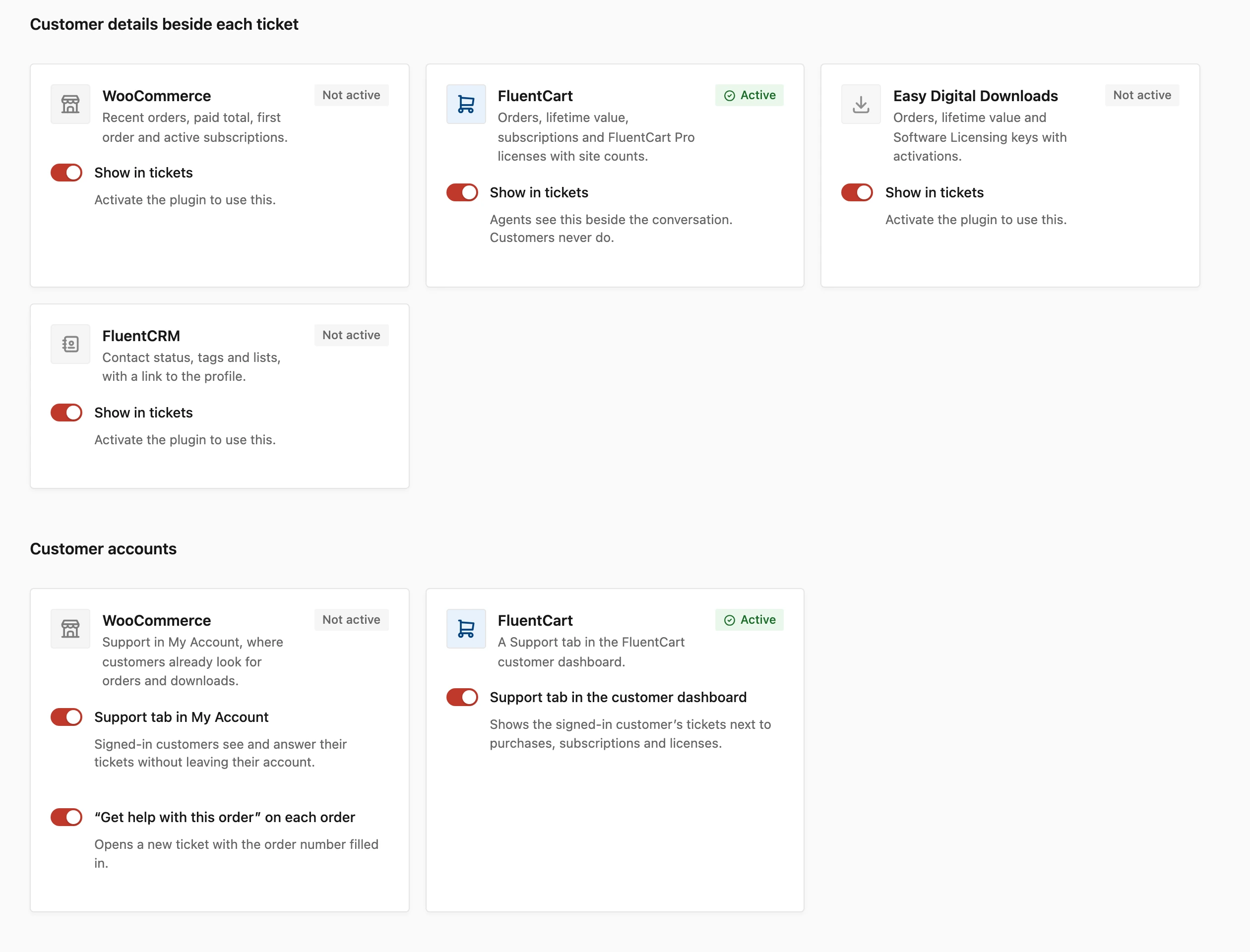 Customer details and customer account settings on the Core Support Integrations screen