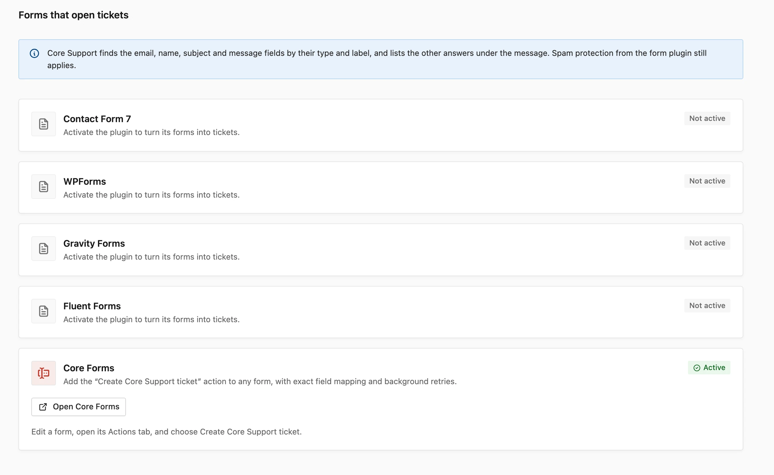 Choosing forms that open tickets in Core Support