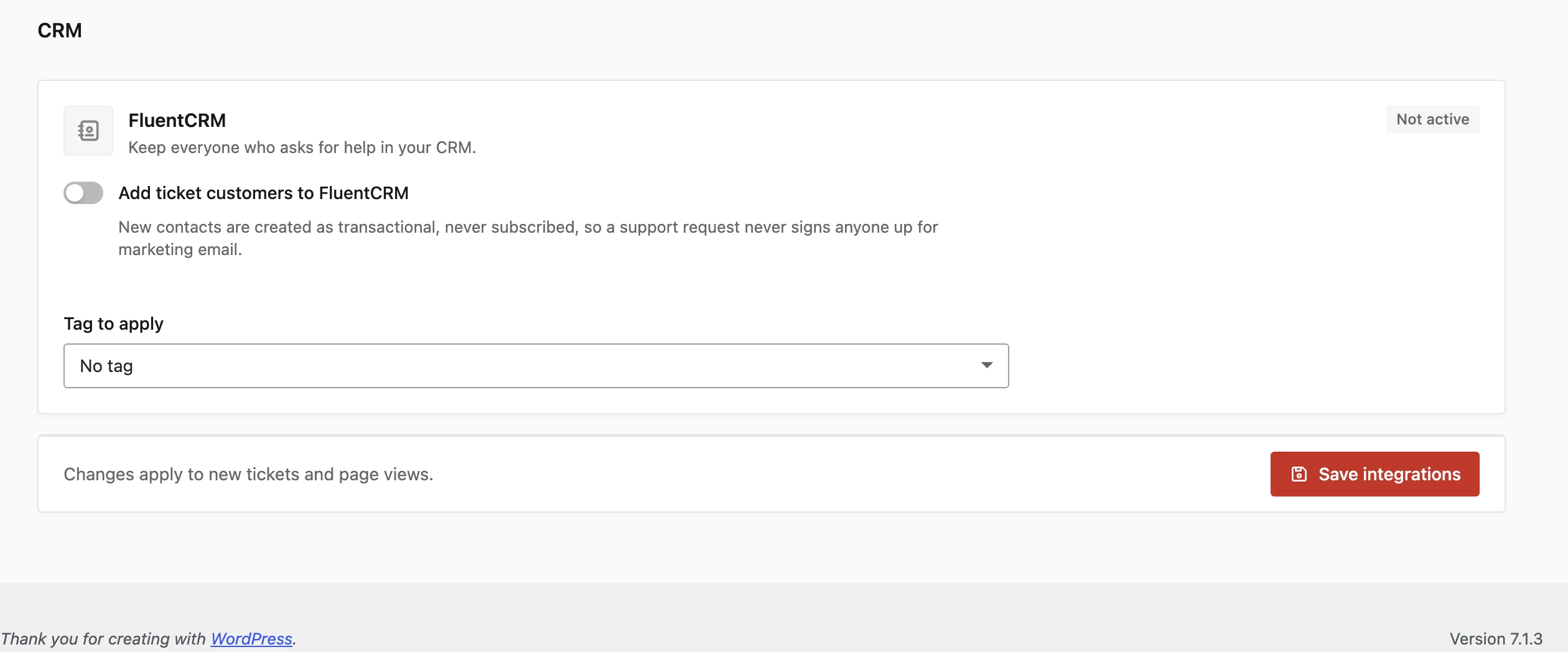 FluentCRM sync settings in Core Support