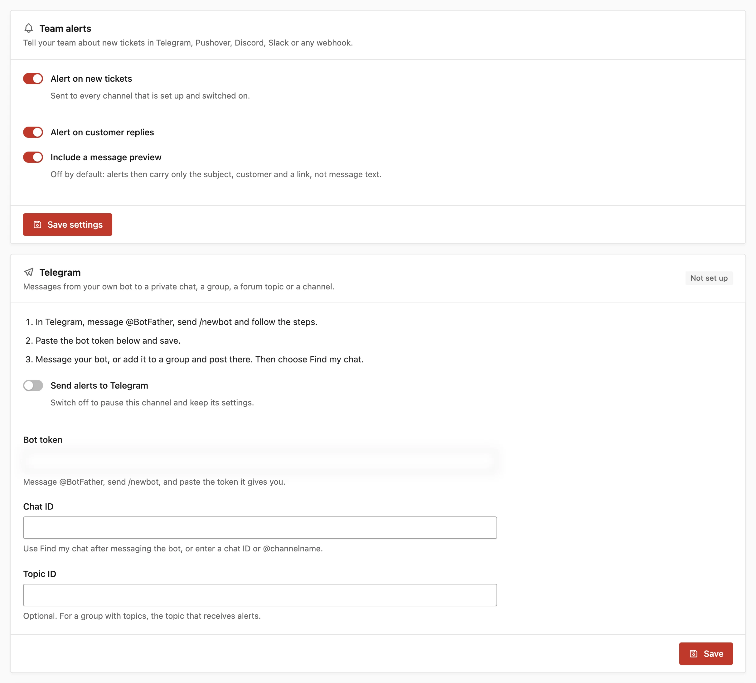 Team alerts settings in Core Support with the Telegram channel