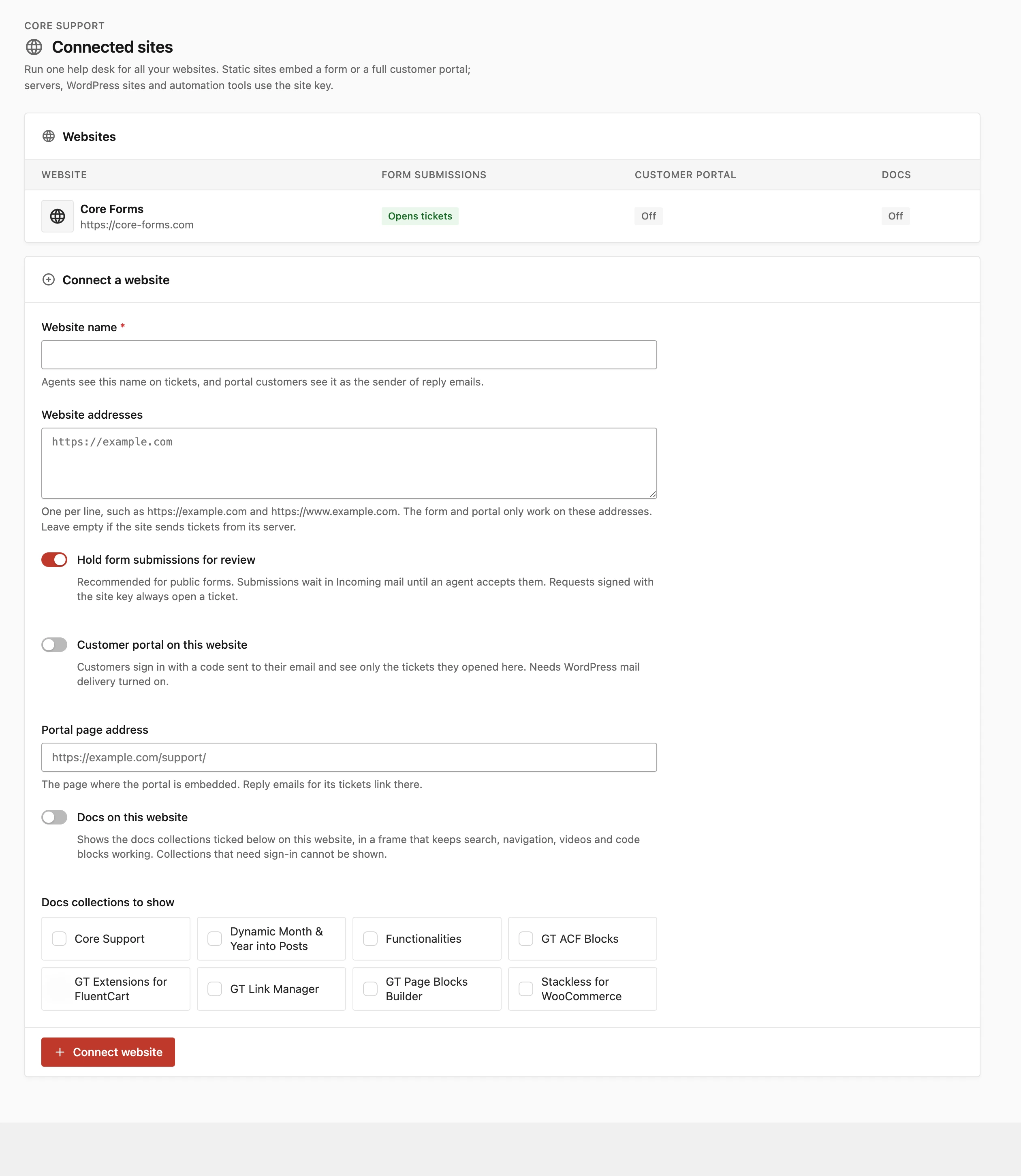 Connected sites screen in Core Support with the form to connect a new website