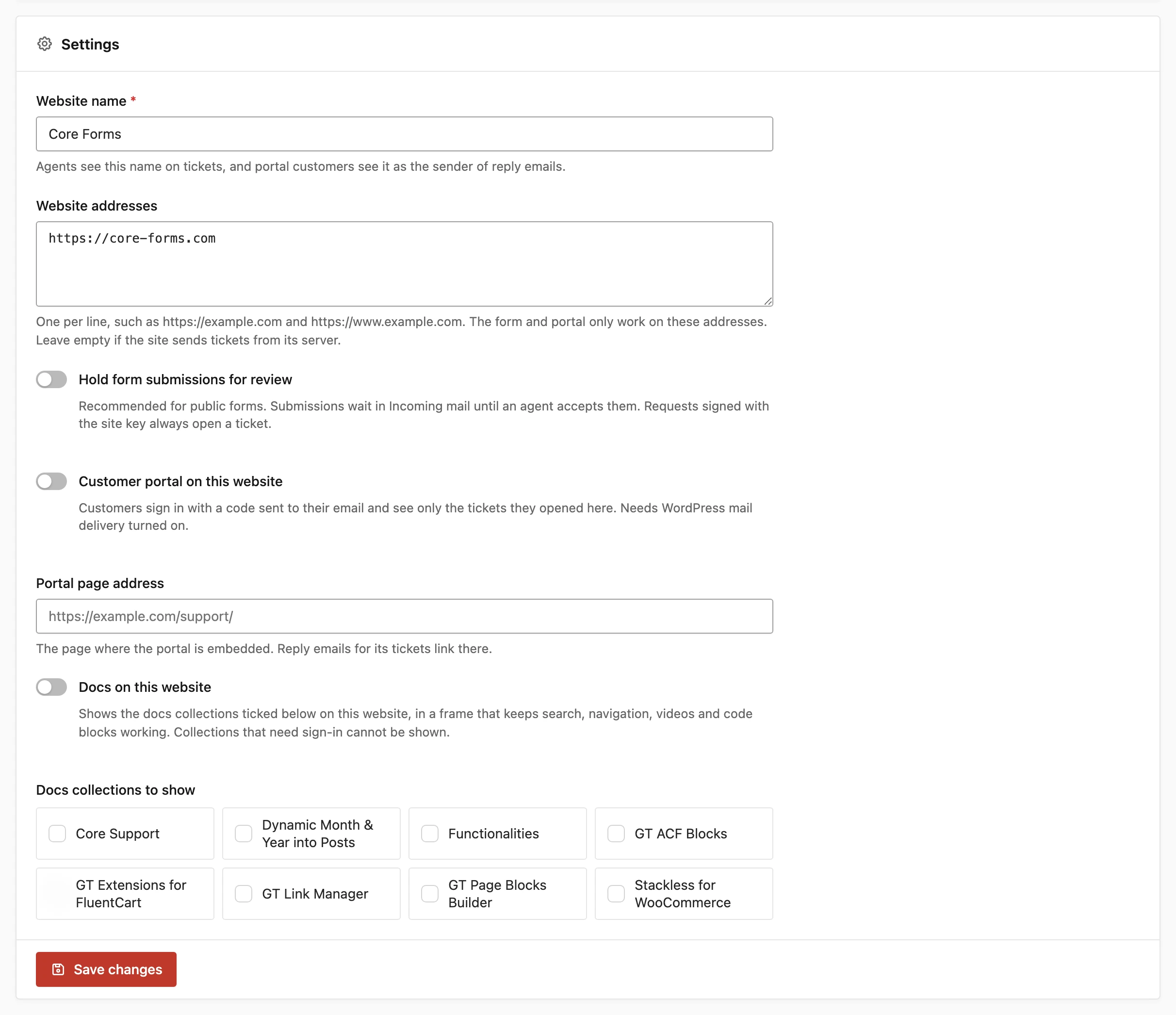 A connected site's settings in Core Support with the Docs on this website switch and collections