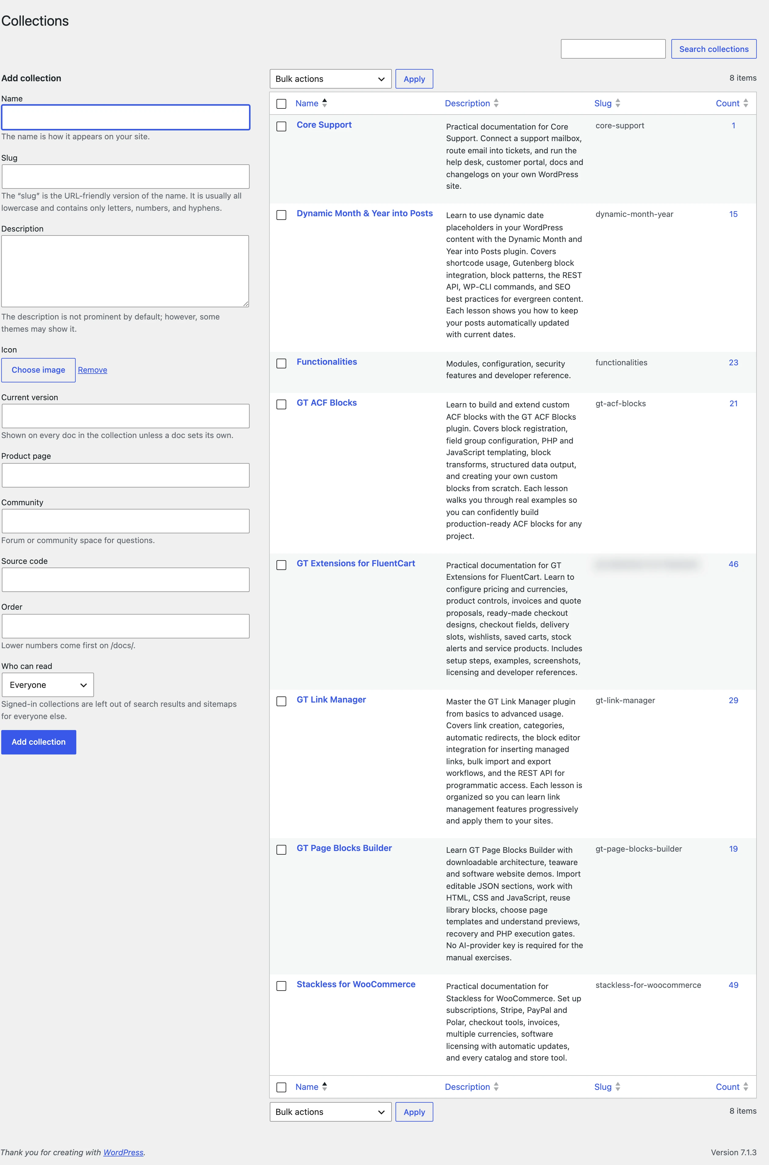 Core Support Collections screen with the collection settings