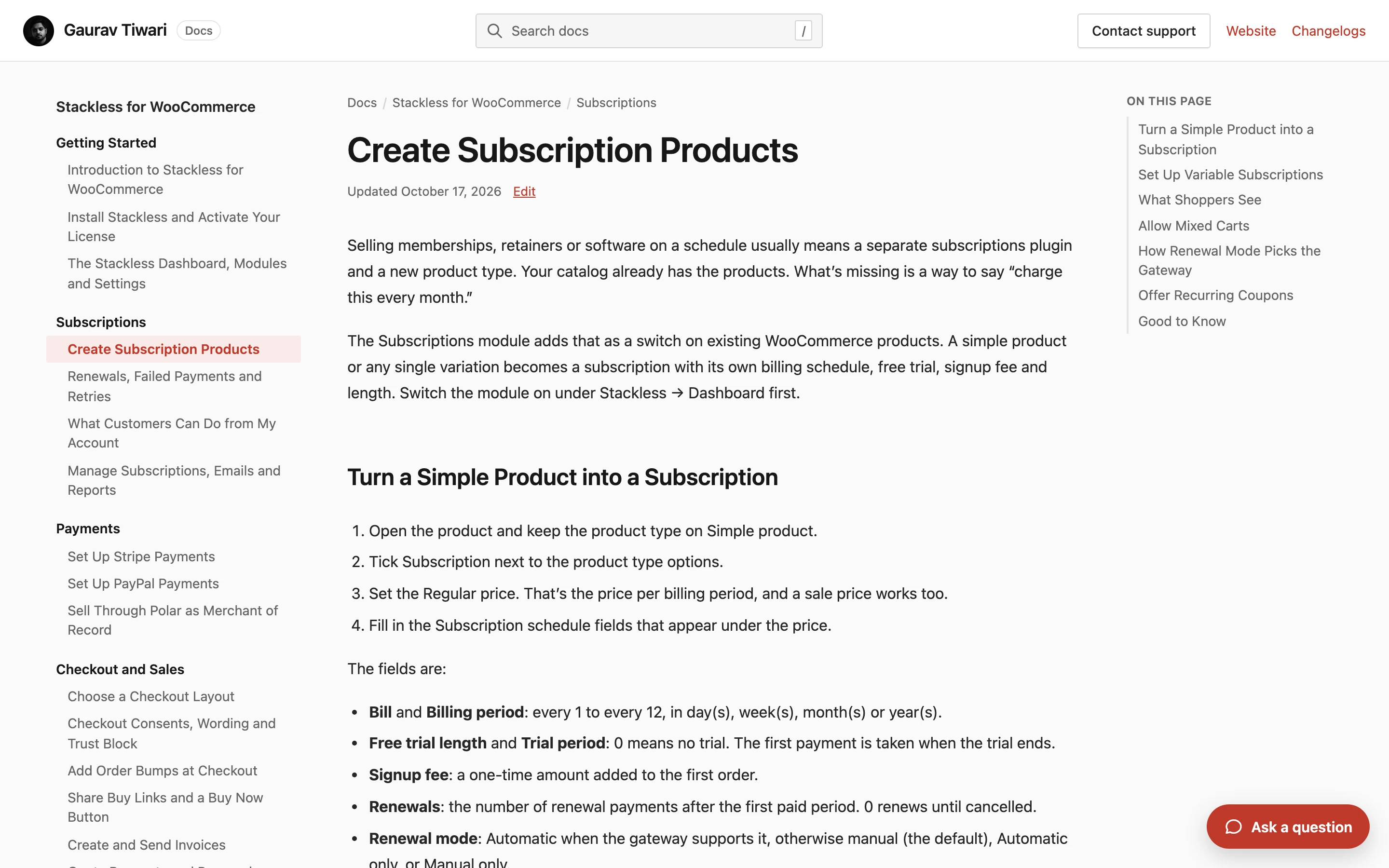 A Core Support doc page with navigation, contents and the chat button