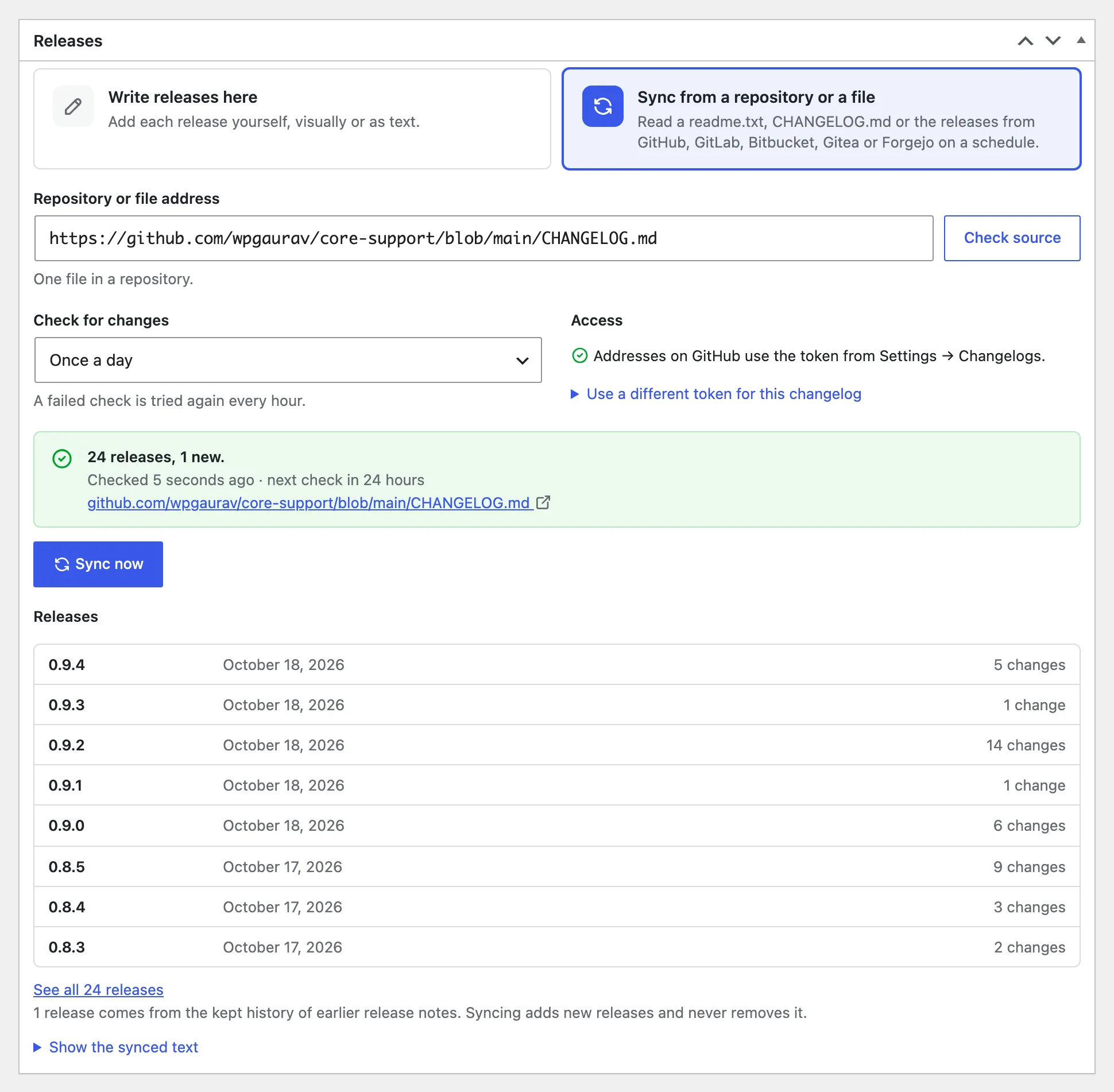 Core Support changelog editor syncing releases from a repository