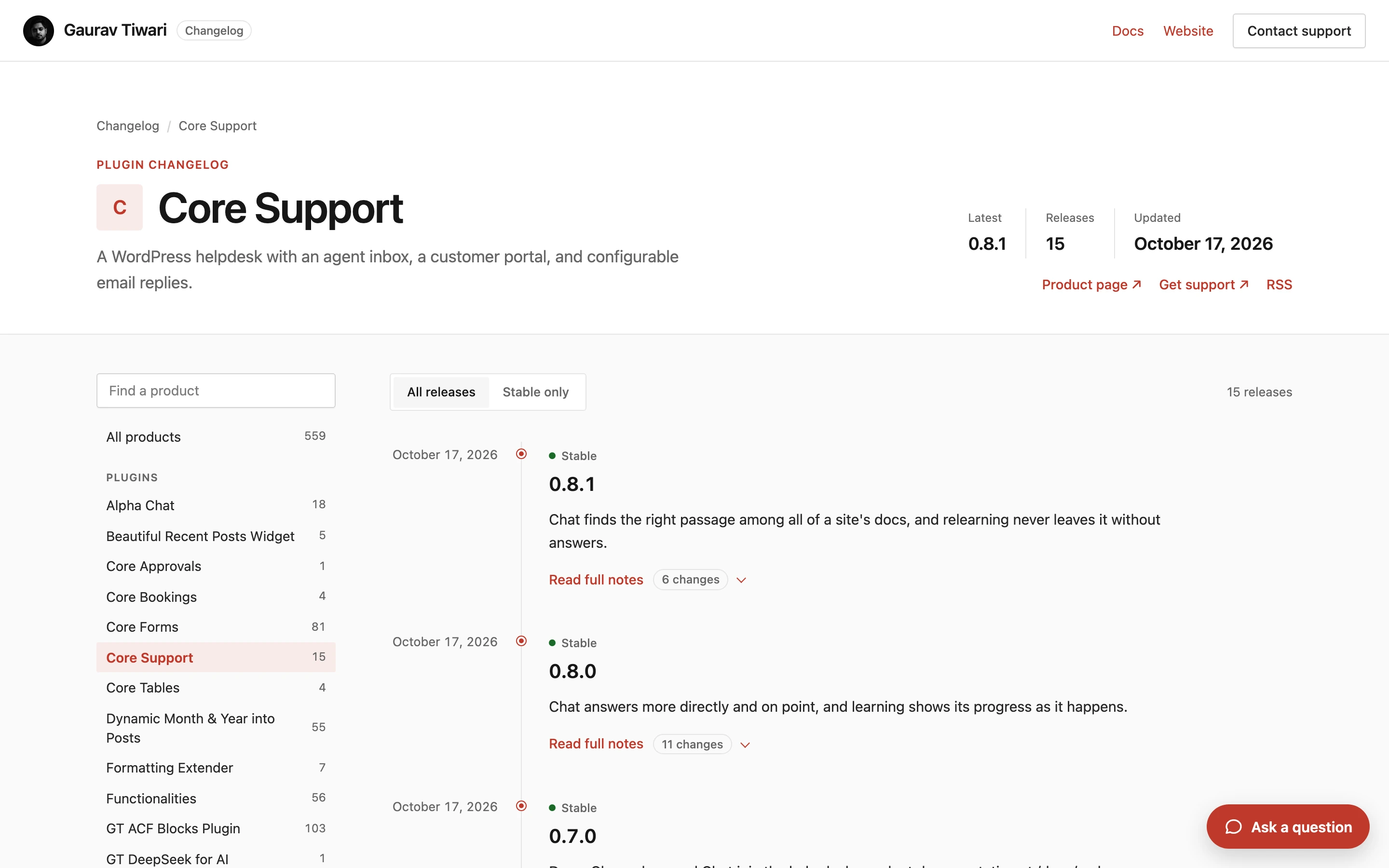 A Core Support product changelog page