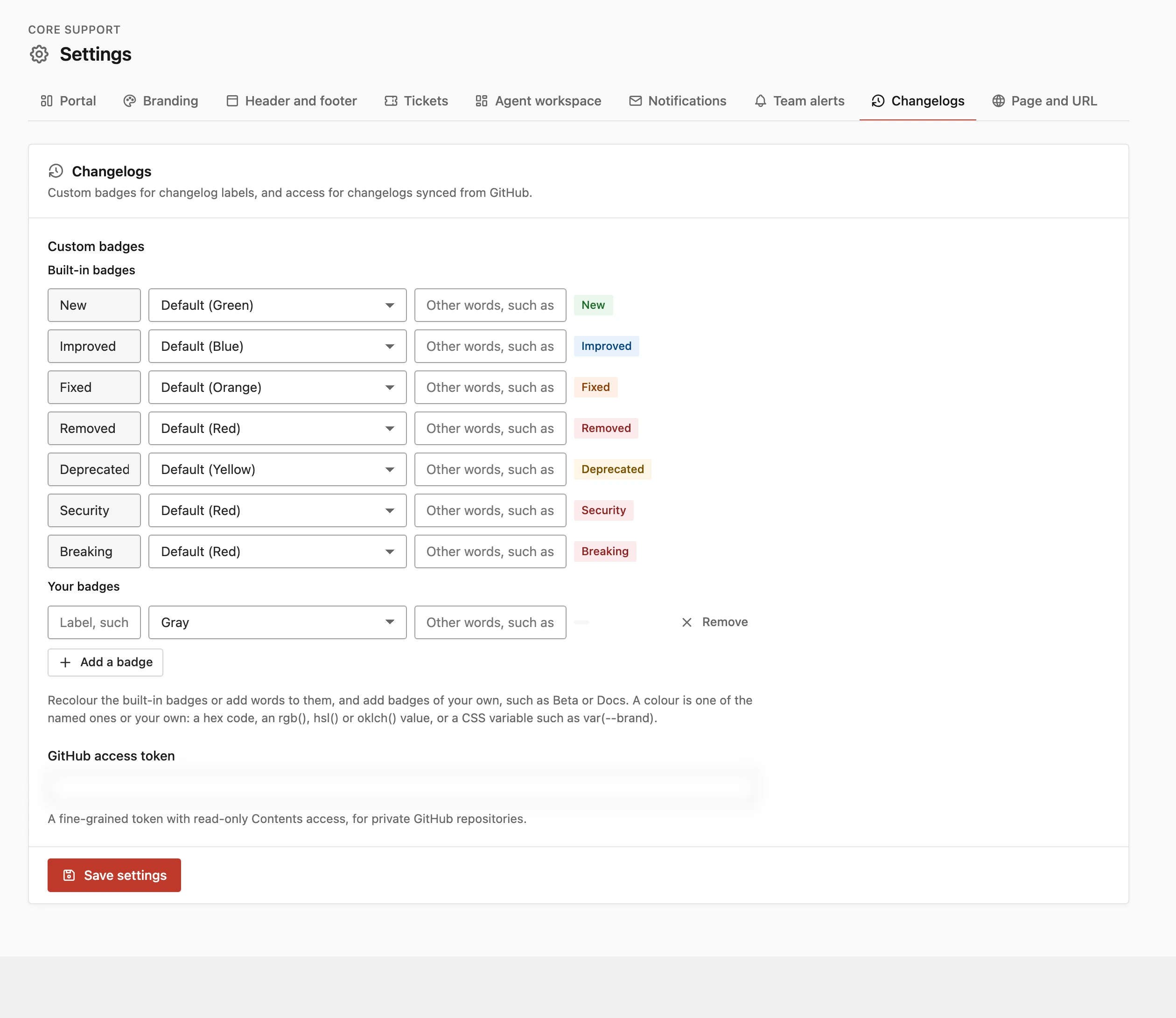 Core Support custom badges editor in Settings
