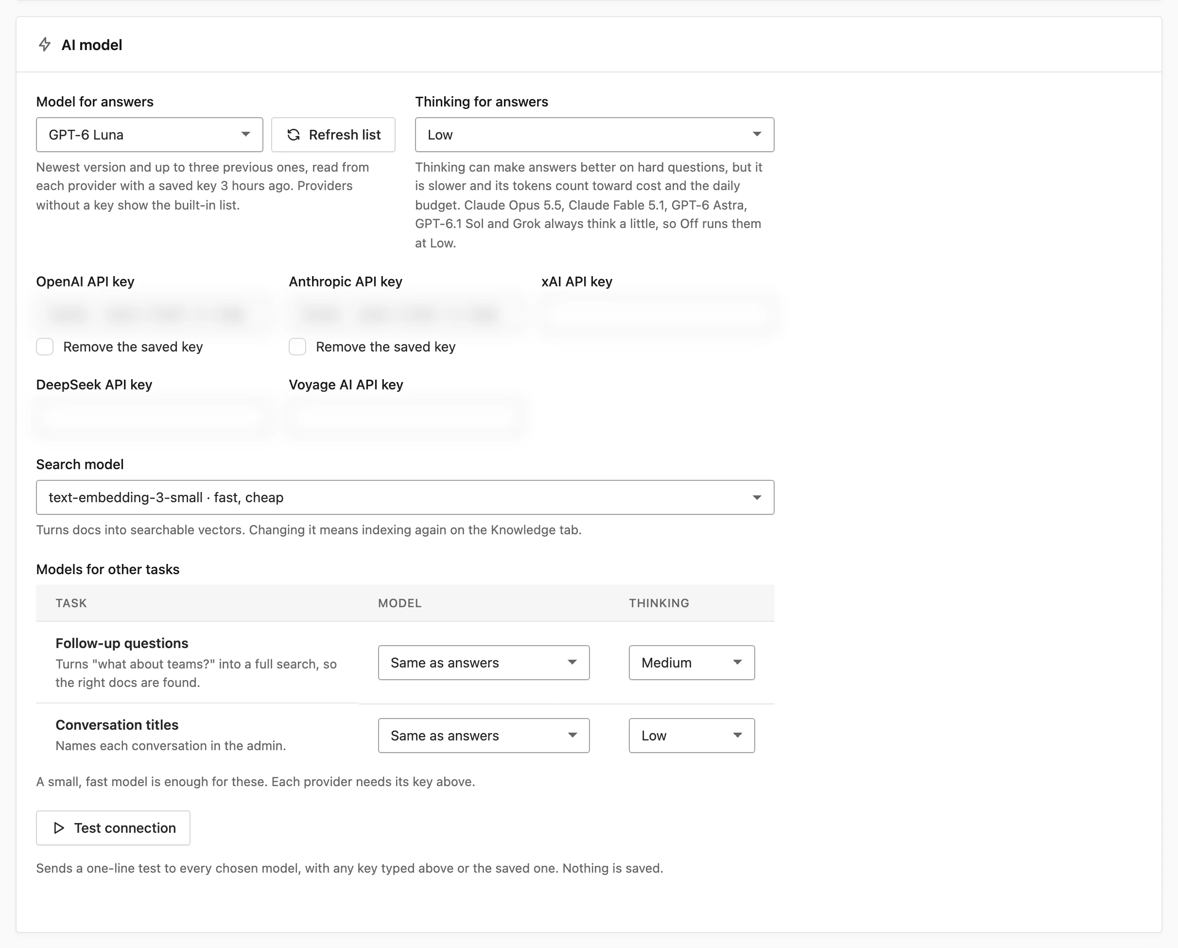 Chat AI model settings in Core Support