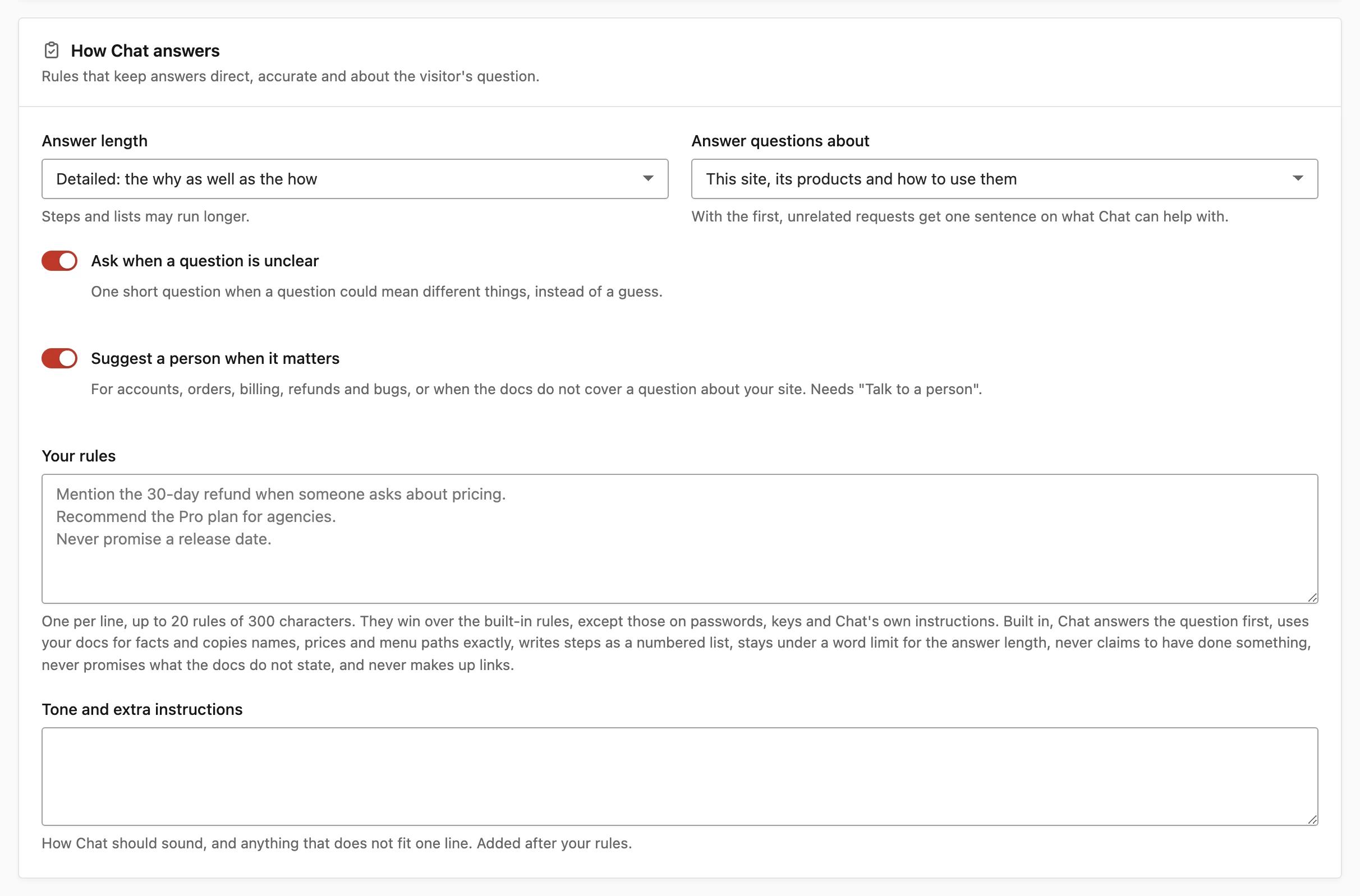 How Chat answers settings in Core Support