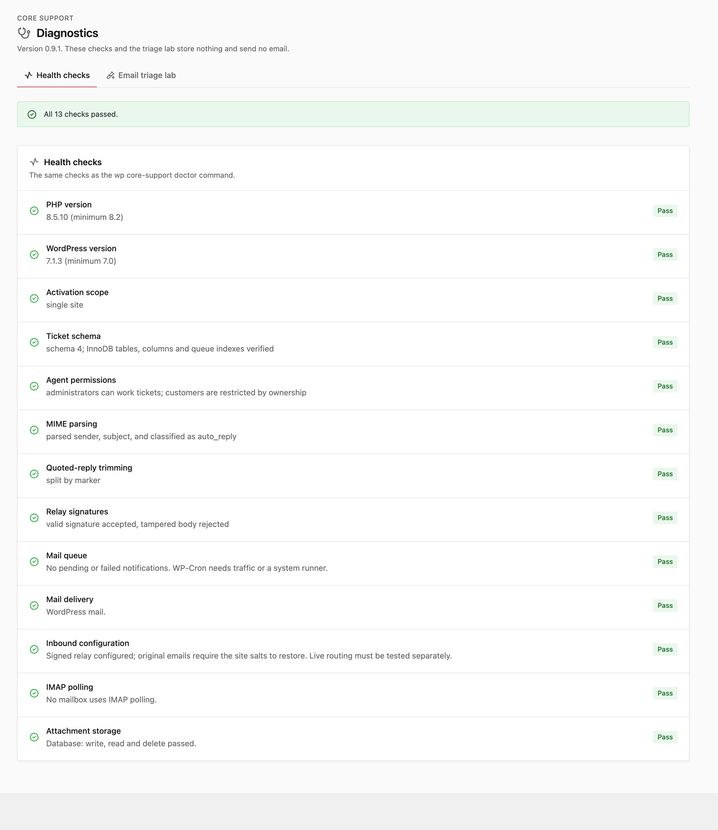 Core Support Diagnostics screen with every health check passing