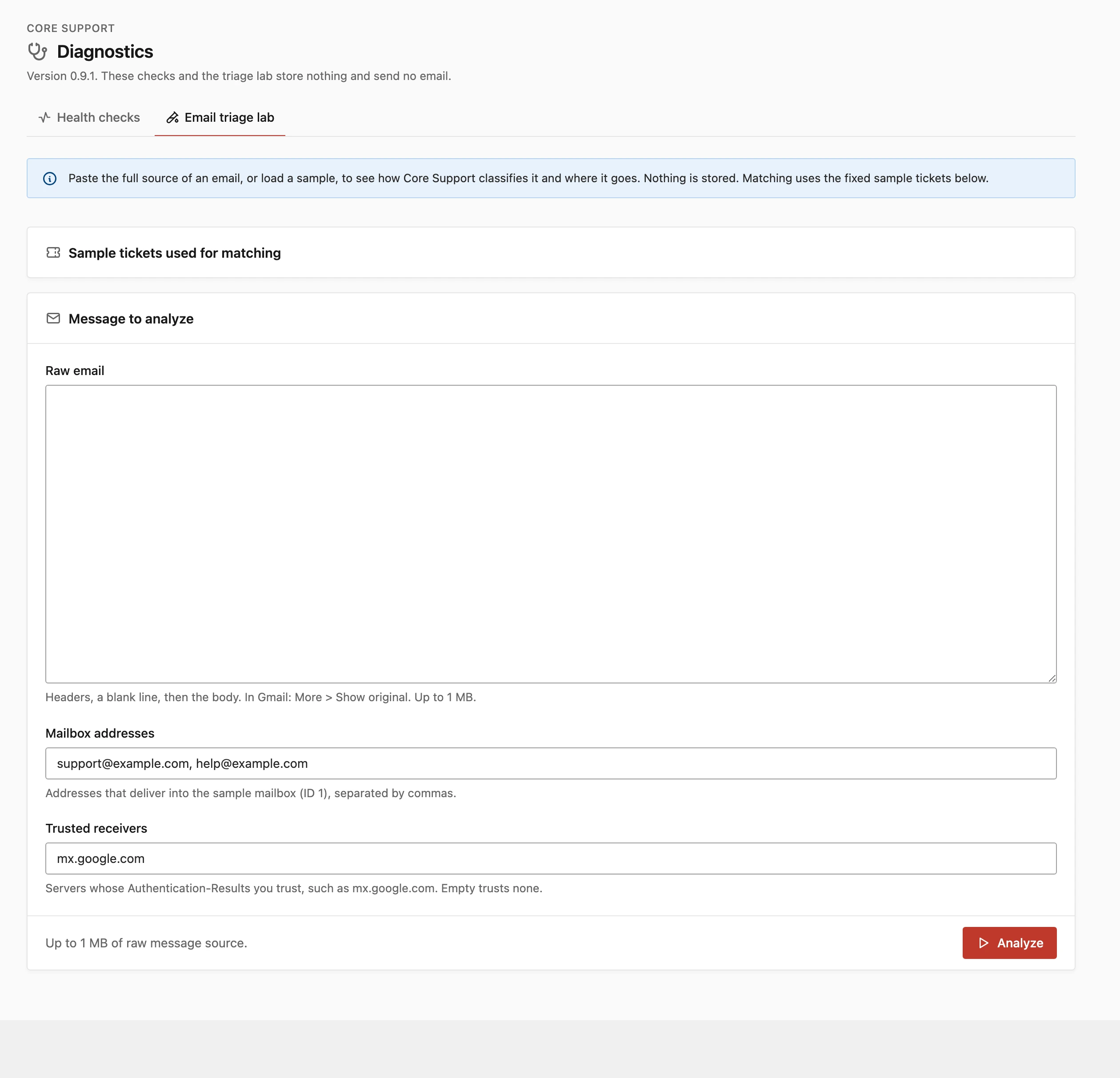 Core Support email triage lab with the raw email, mailbox addresses and trusted receivers fields