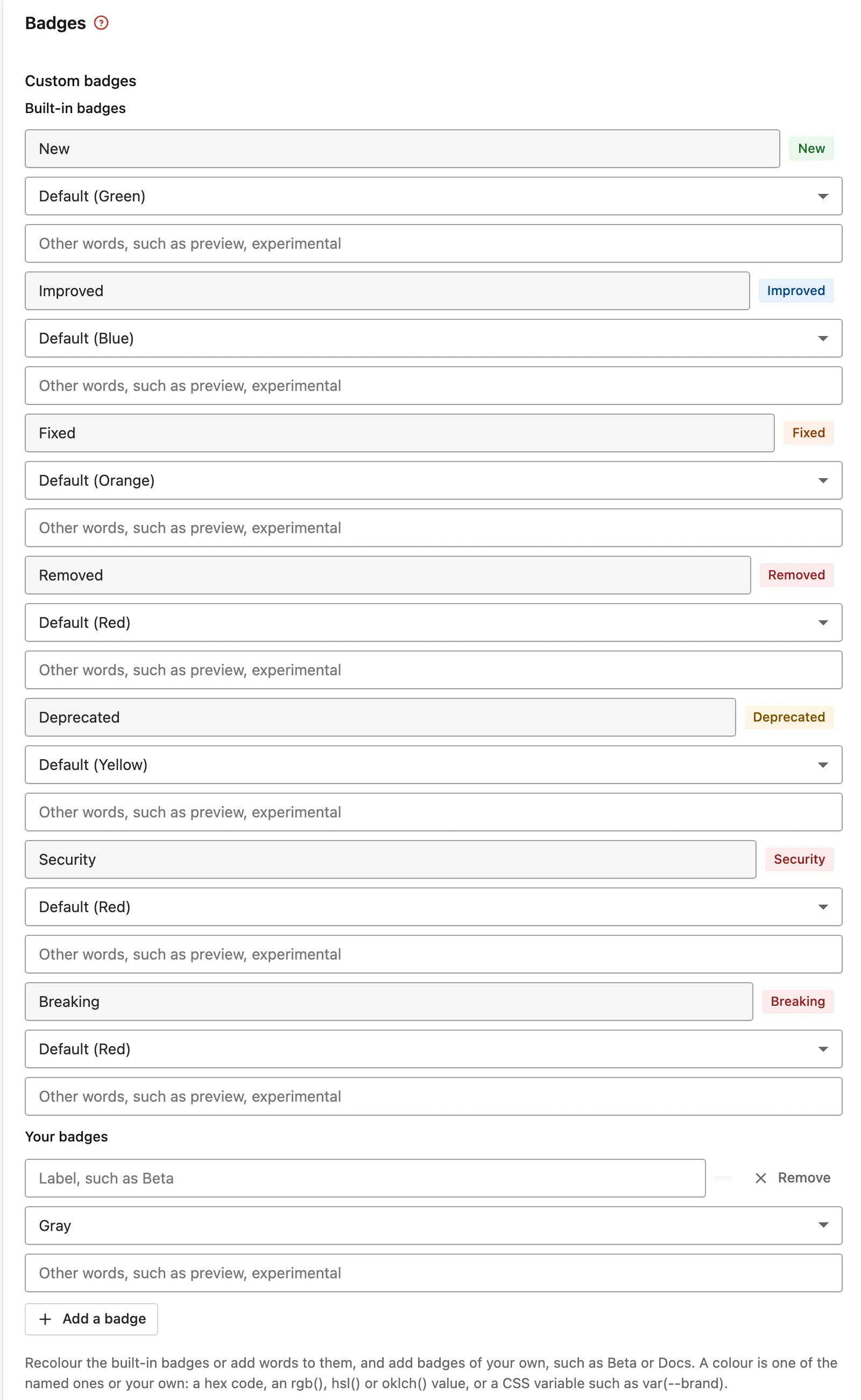 The Badges editor in Core Support Changelogs settings with the built-in badges, their colors and a row for your own badge