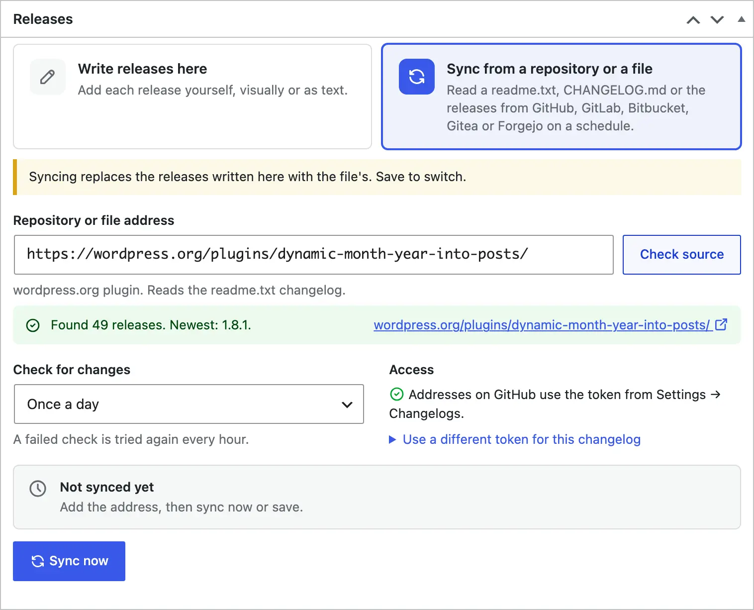 Core Support Releases box with a wordpress.org plugin address and Check source reporting 49 releases, newest 1.8.1