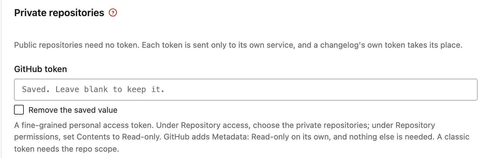 The Private repositories section in Core Support Changelogs settings with the GitHub token field