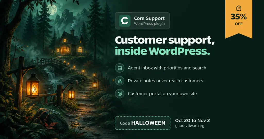 Core Support Halloween sale banner: customer support inside WordPress, 35% off with code HALLOWEEN, October 20 to November 2