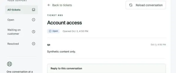 Core Support customer portal showing an Account access conversation in a synthetic demo